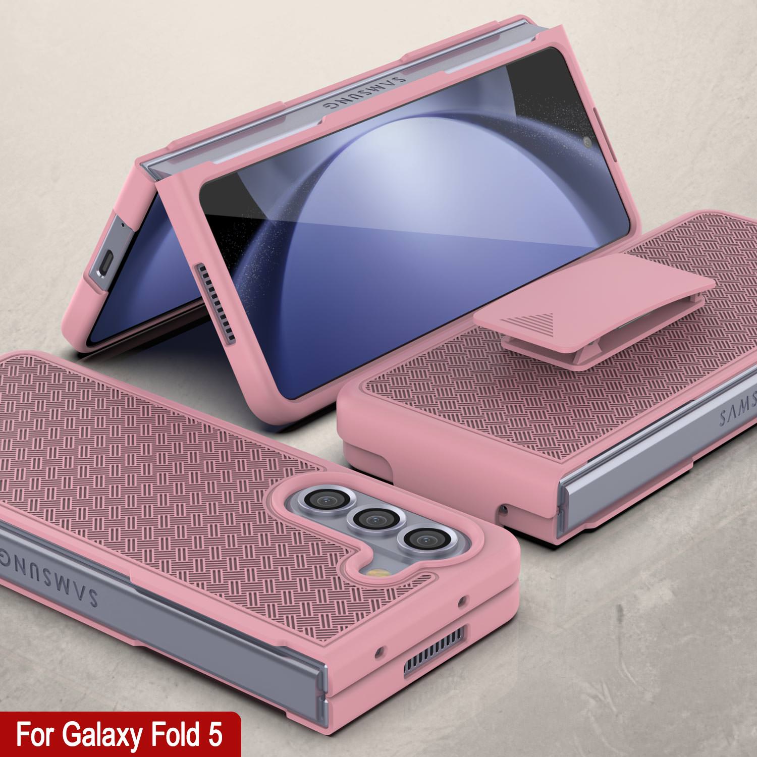Galaxy Z Fold5 Case With Tempered Glass Screen Protector, Holster Belt Clip & Built-In Kickstand [Pink]