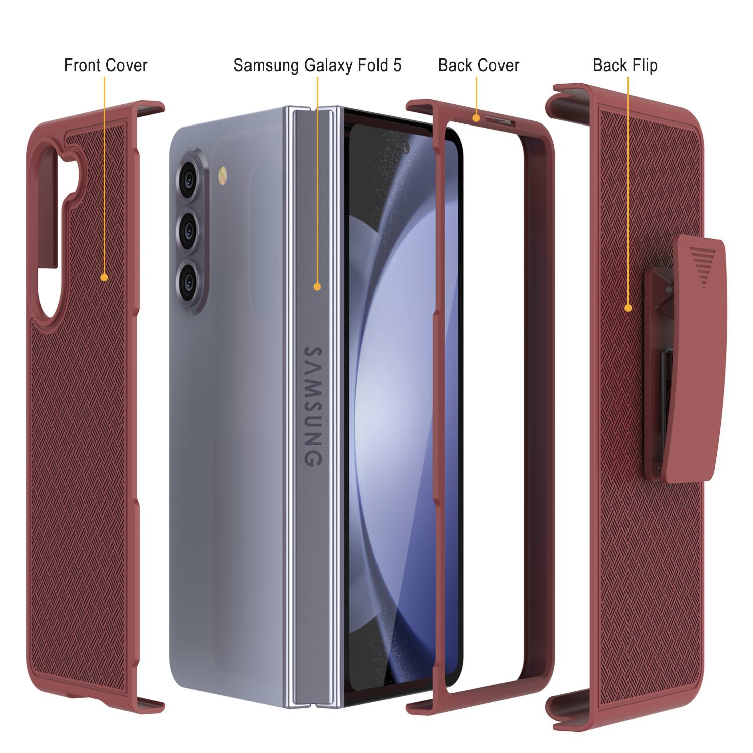 Galaxy Z Fold5 Case With Tempered Glass Screen Protector, Holster Belt Clip & Built-In Kickstand [Red]