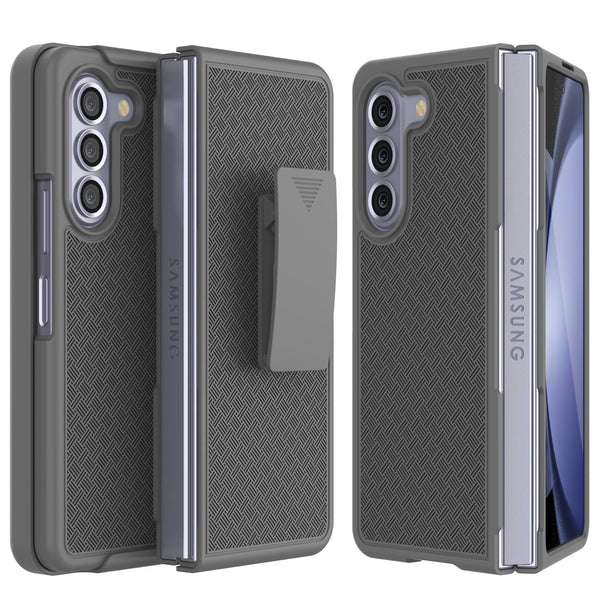 Galaxy Z Fold5 Case With Tempered Glass Screen Protector, Holster Belt Clip & Built-In Kickstand [Grey]