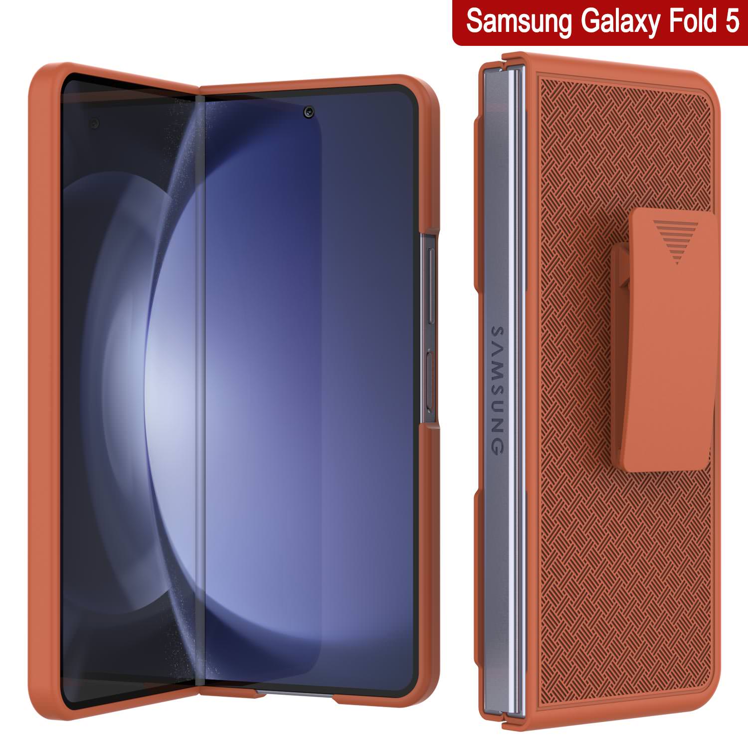 Galaxy Z Fold5 Case With Tempered Glass Screen Protector, Holster Belt Clip & Built-In Kickstand [Orange]