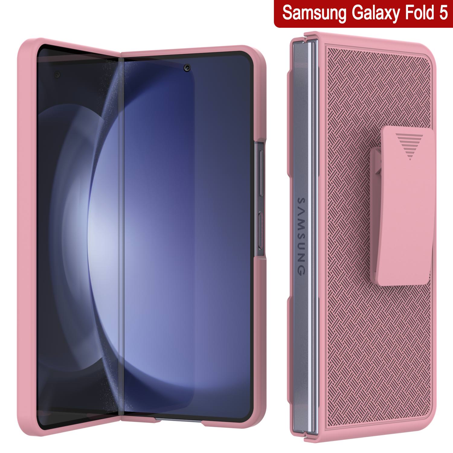 Galaxy Z Fold5 Case With Tempered Glass Screen Protector, Holster Belt Clip & Built-In Kickstand [Pink]