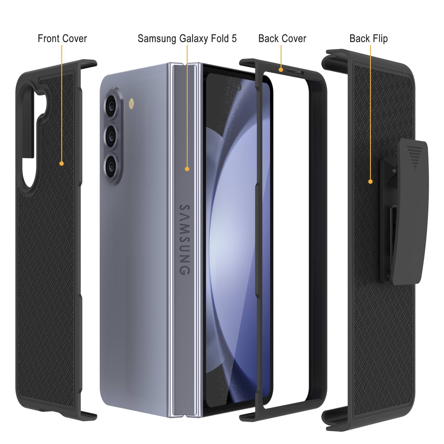 Galaxy Z Fold5 Case With Tempered Glass Screen Protector, Holster Belt Clip & Built-In Kickstand [Black]