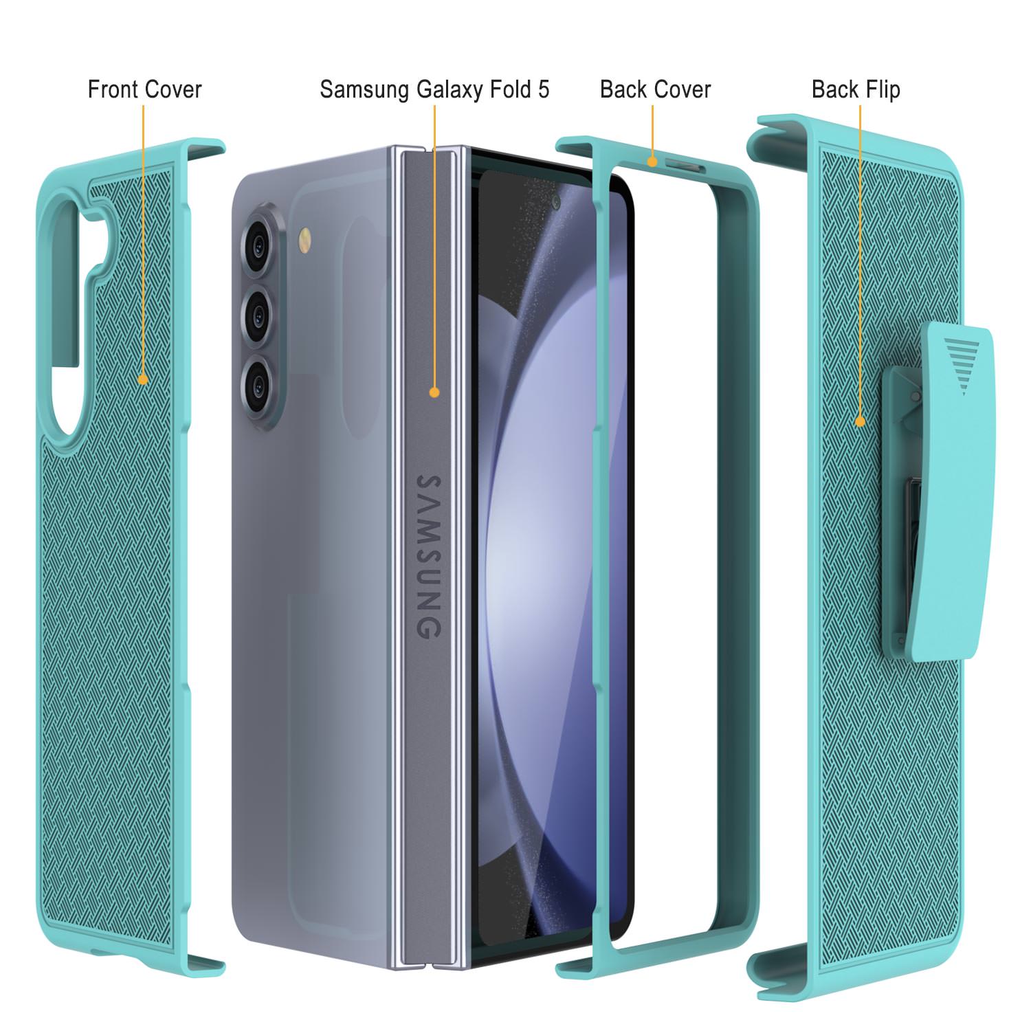 Galaxy Z Fold5 Case With Tempered Glass Screen Protector, Holster Belt Clip & Built-In Kickstand [Teal]