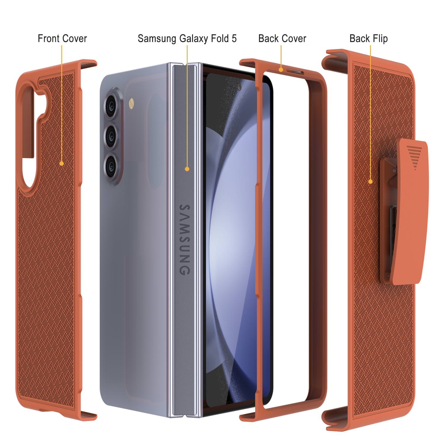 Galaxy Z Fold5 Case With Tempered Glass Screen Protector, Holster Belt Clip & Built-In Kickstand [Orange]