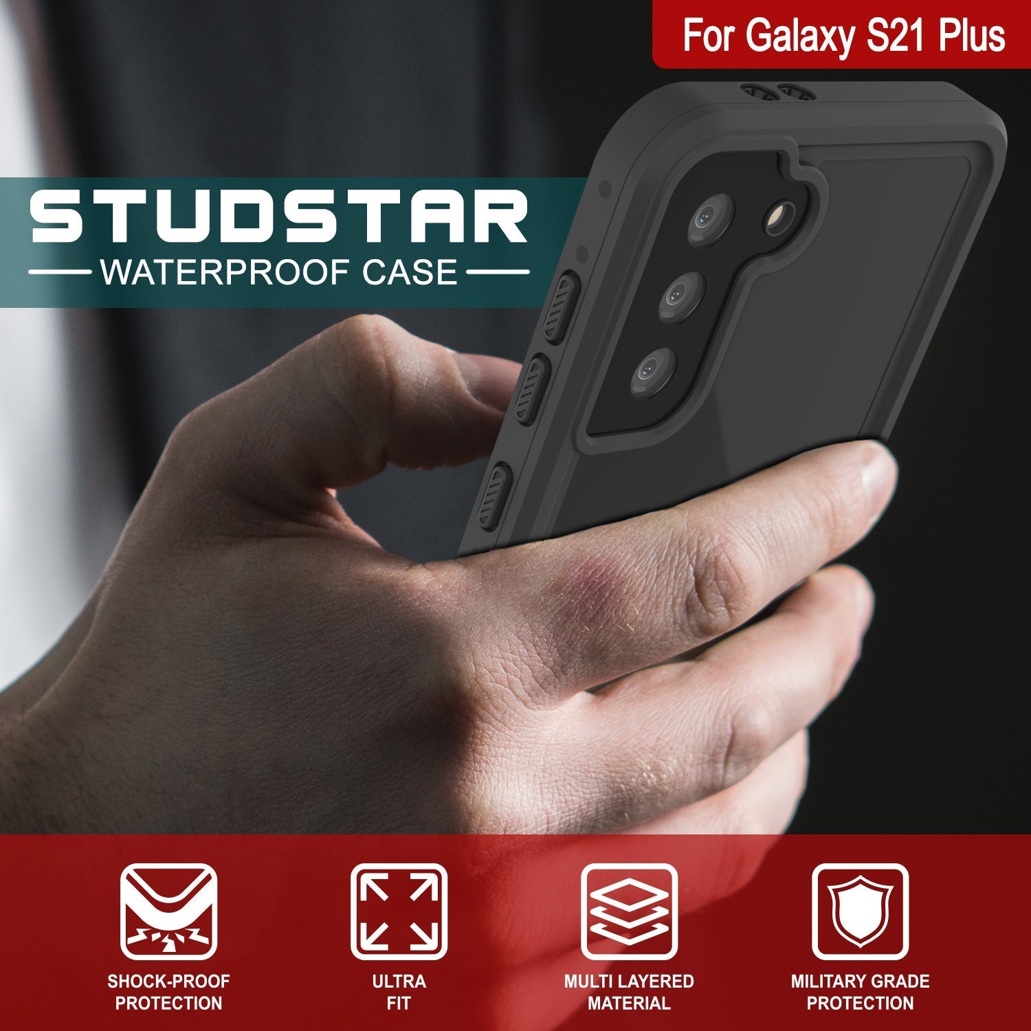 Galaxy S22+ Plus Waterproof Case PunkCase StudStar Black Thin 6.6ft Underwater IP68 Shock/Snow Proof