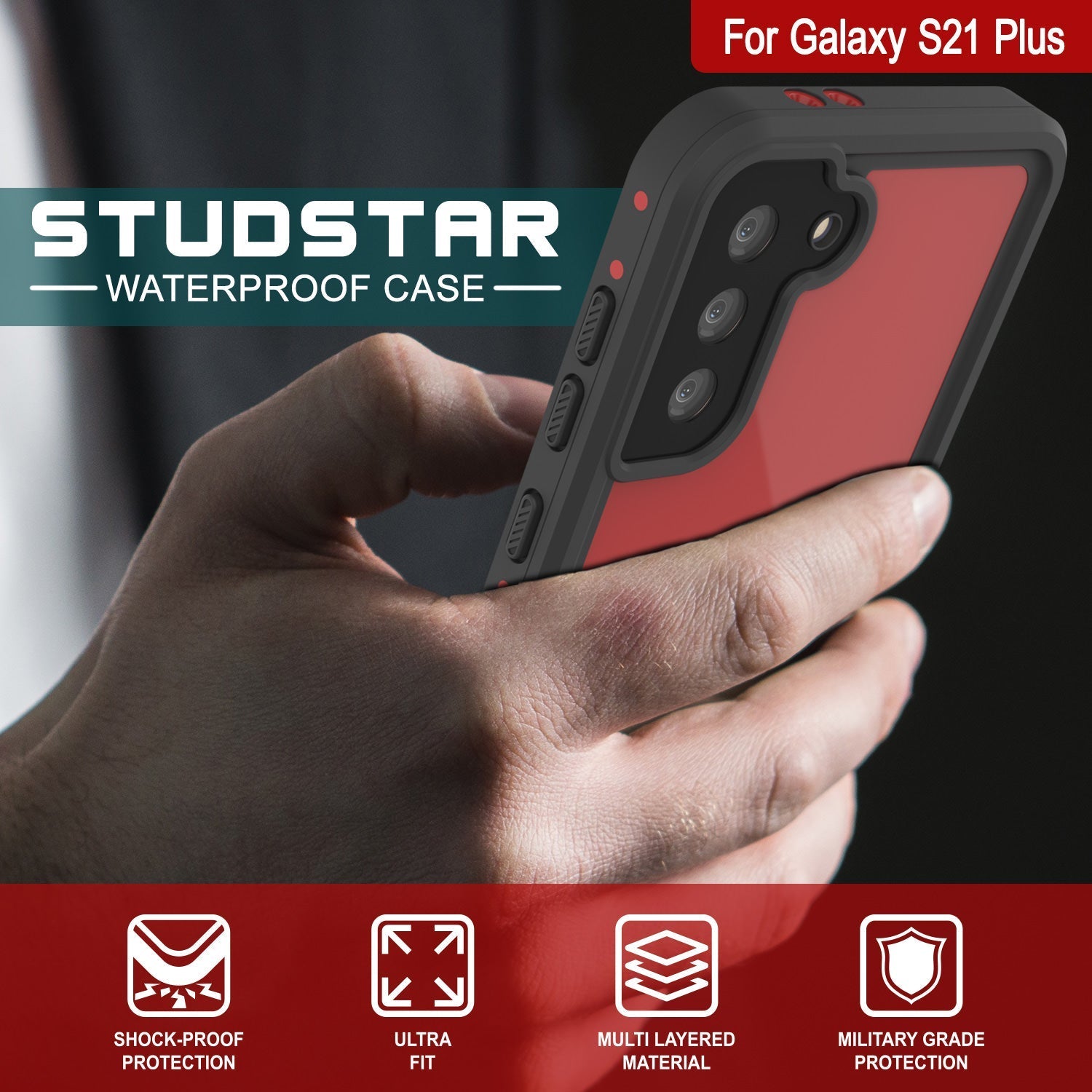 Galaxy S22+ Plus Waterproof Case PunkCase StudStar Red Thin 6.6ft Underwater IP68 Shock/Snow Proof