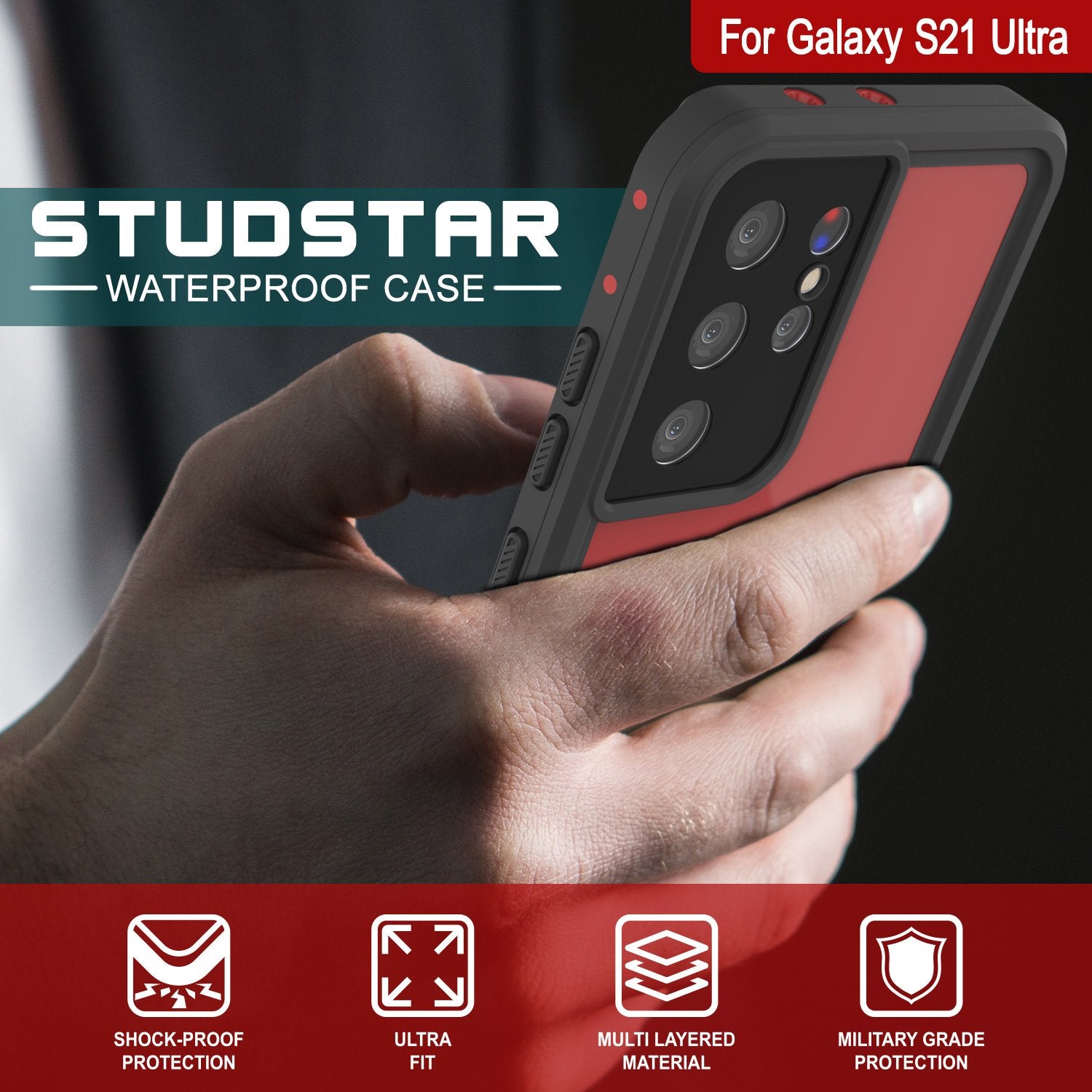 Galaxy S21 Ultra Waterproof Case PunkCase StudStar Red Thin 6.6ft Underwater IP68 Shock/Snow Proof
