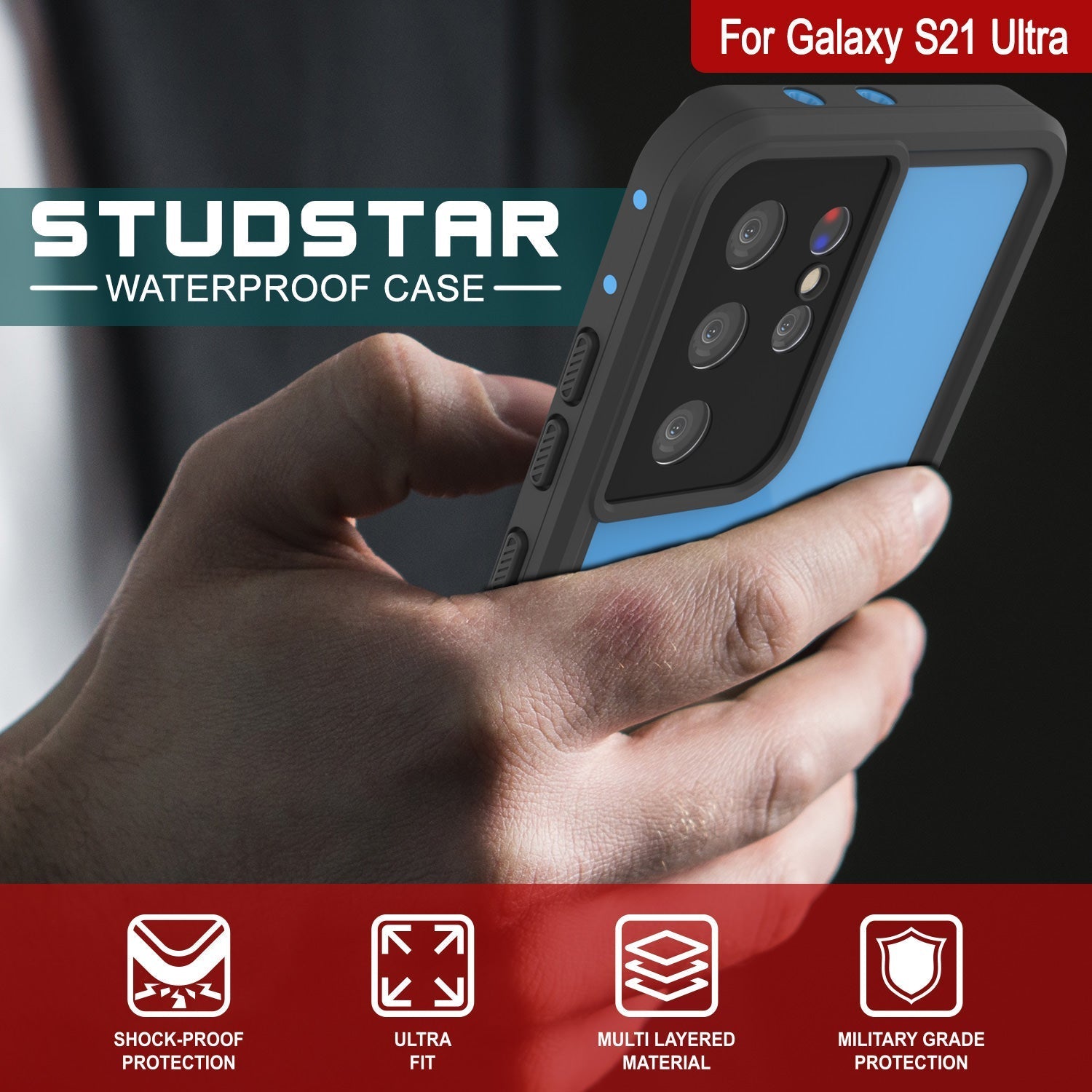 Galaxy S22 Ultra Waterproof Case PunkCase StudStar Light Blue Thin 6.6ft Underwater IP68 ShockProof