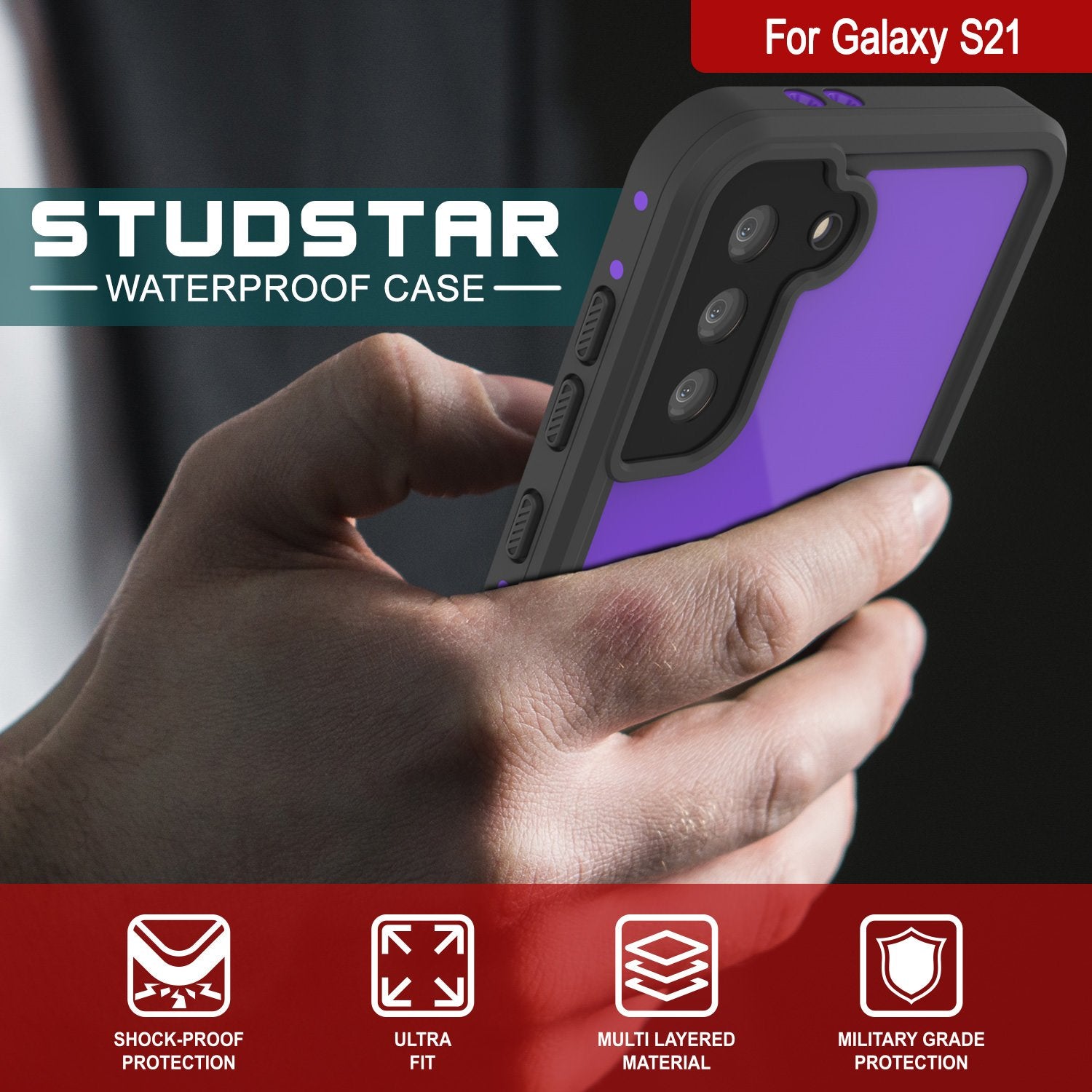 Galaxy S21 Waterproof Case PunkCase StudStar Purple Thin 6.6ft Underwater IP68 Shock/Snow Proof