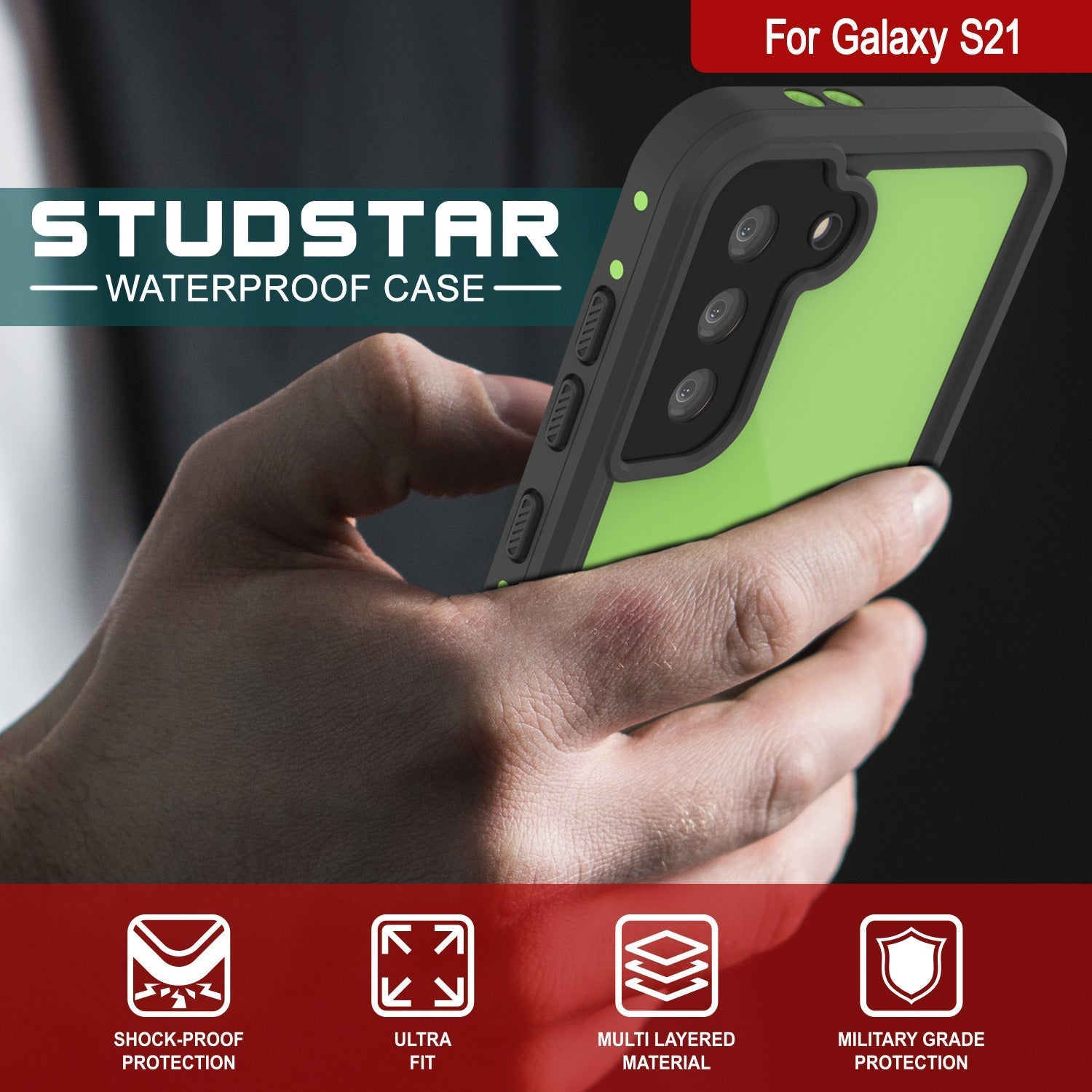 Galaxy S22 Waterproof Case PunkCase StudStar Light Green Thin 6.6ft Underwater IP68 ShockProof