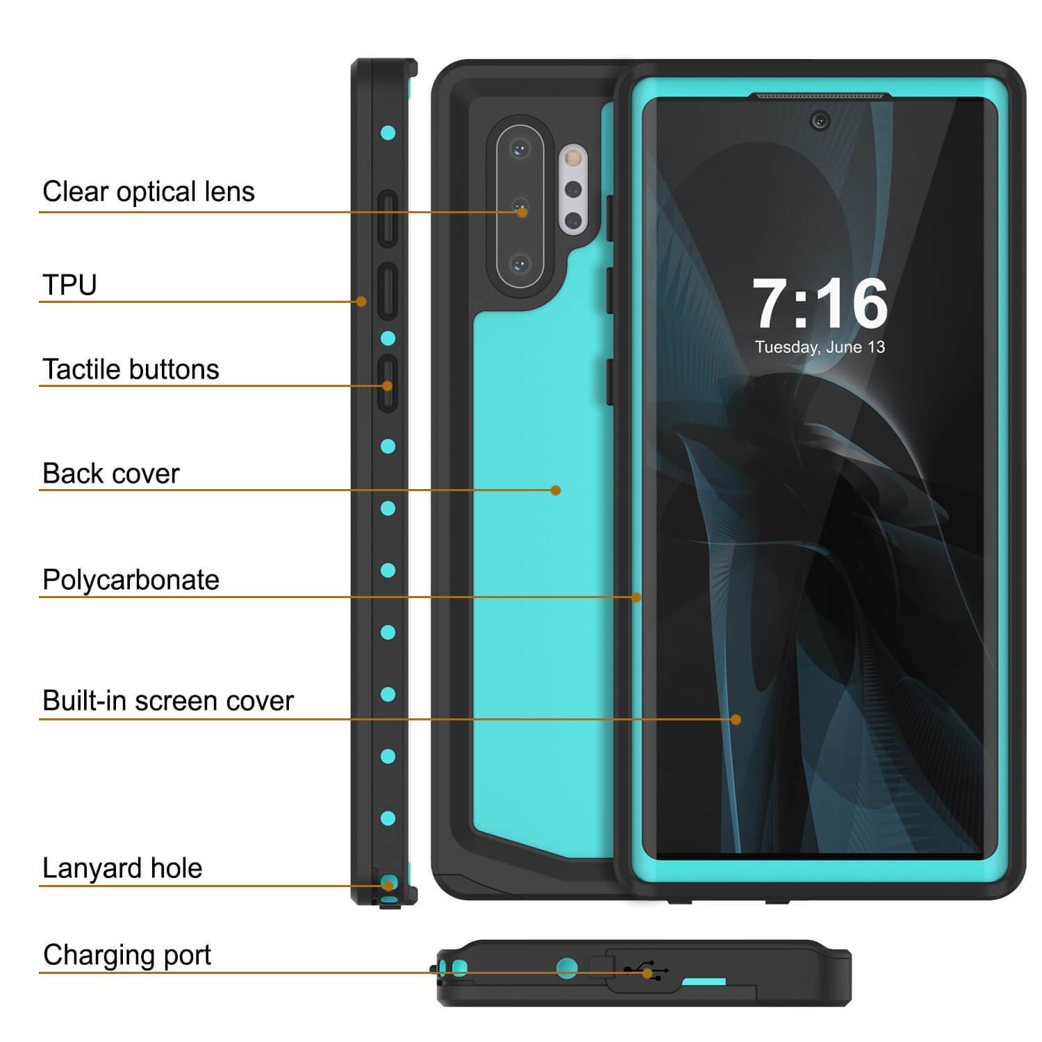 Galaxy Note 10+ Plus Waterproof Case, Punkcase Studstar Series Teal Thin Armor Cover