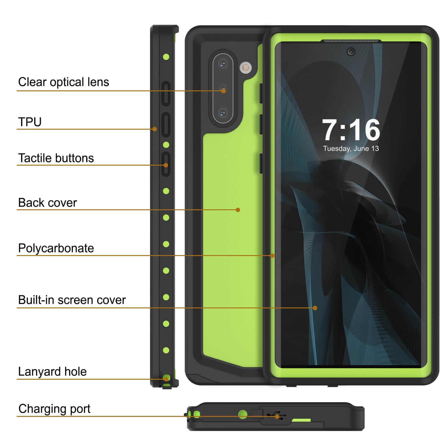 Galaxy Note 10 Waterproof Case, Punkcase Studstar Light Green Thin Armor Cover