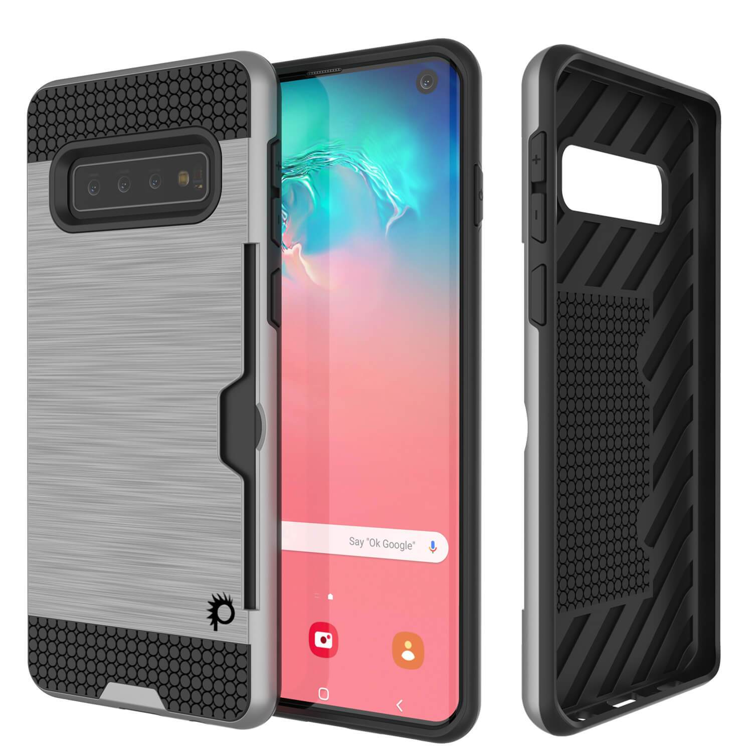 Galaxy S10 Case, PUNKcase [SLOT Series] [Slim Fit] Dual-Layer Armor Cover w/Integrated Anti-Shock System, Credit Card Slot [Silver]