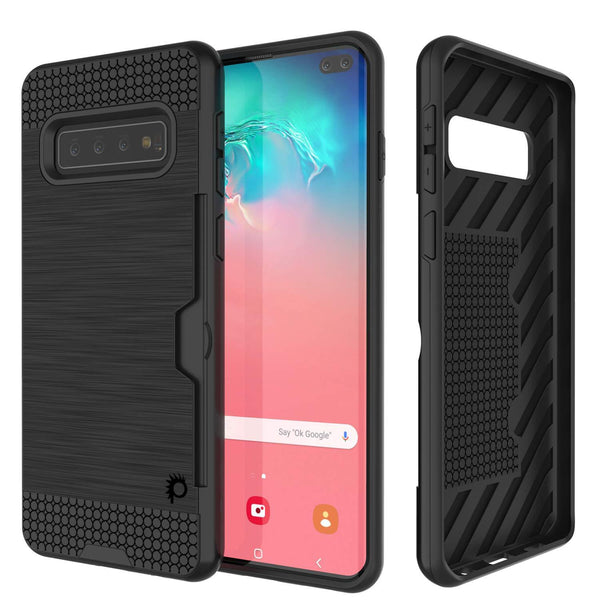 Galaxy S10+ Plus  Case, PUNKcase [SLOT Series] [Slim Fit] Dual-Layer Armor Cover w/Integrated Anti-Shock System, Credit Card Slot [Black]