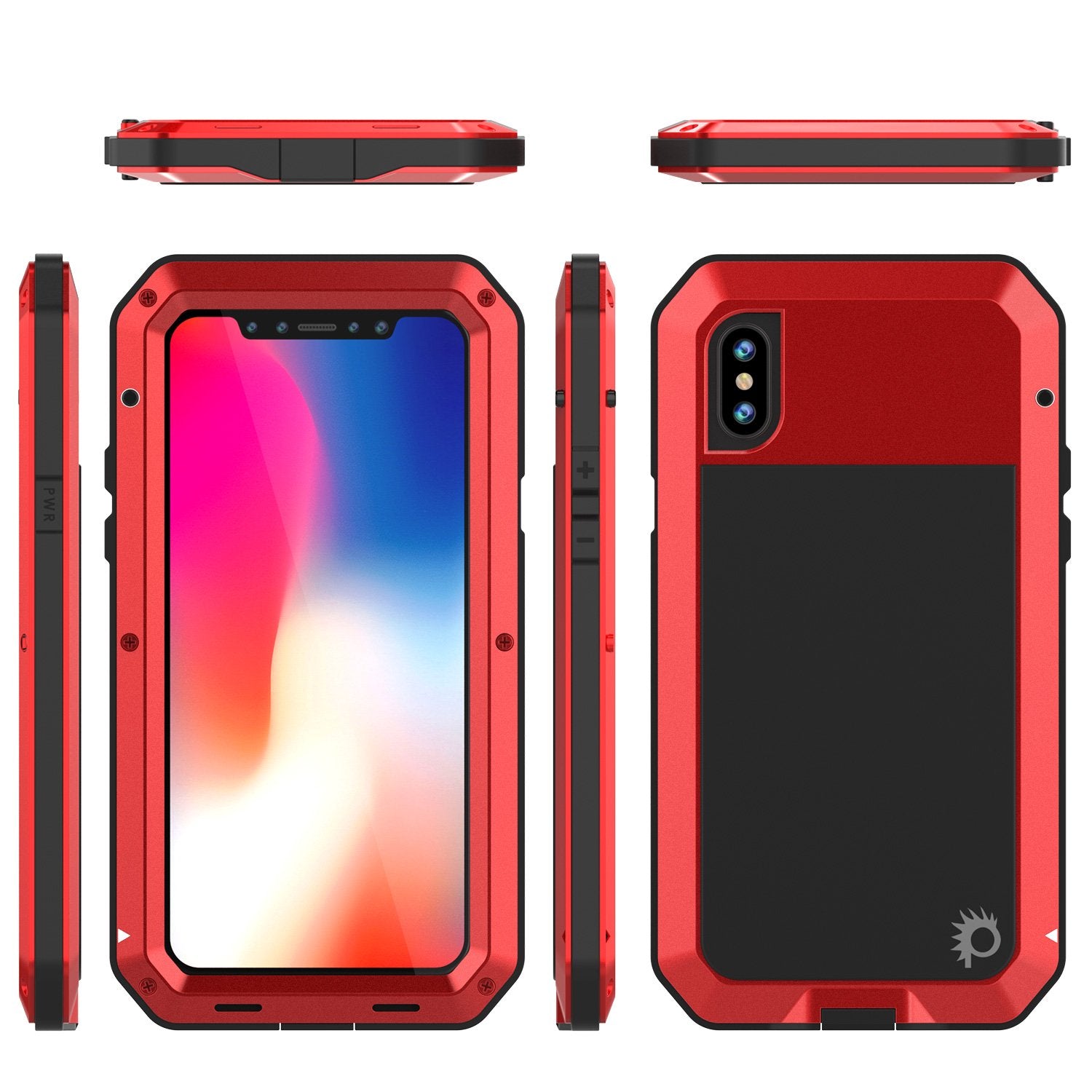 iPhone X Metal Case, Heavy Duty Military Grade Rugged Red Armor Cover [shock proof] Hybrid Full Body Hard Aluminum & TPU Design