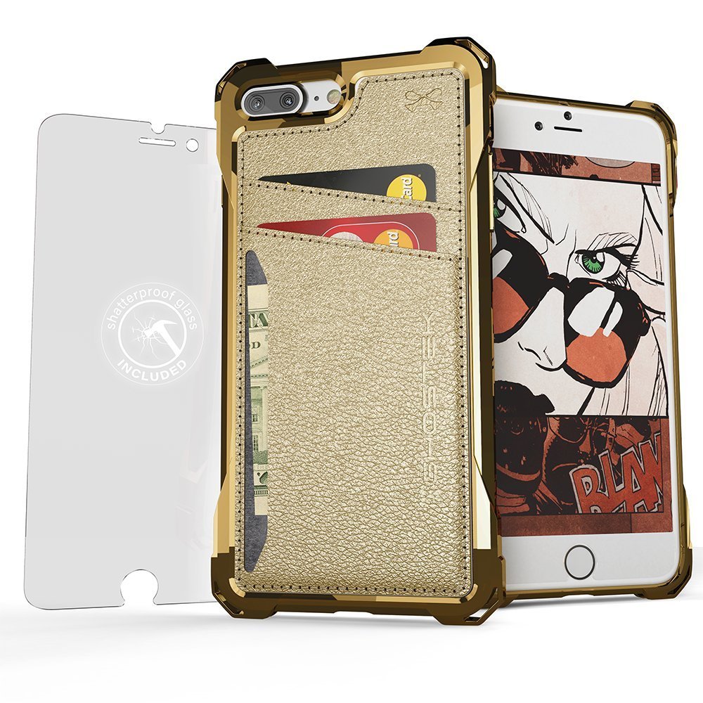 iPhone 8+Plus Wallet Case, Ghostek Exec Gold Series | Slim Armor Hybrid Impact Bumper | TPU PU Leather Credit Card Slot Holder Sleeve Cover