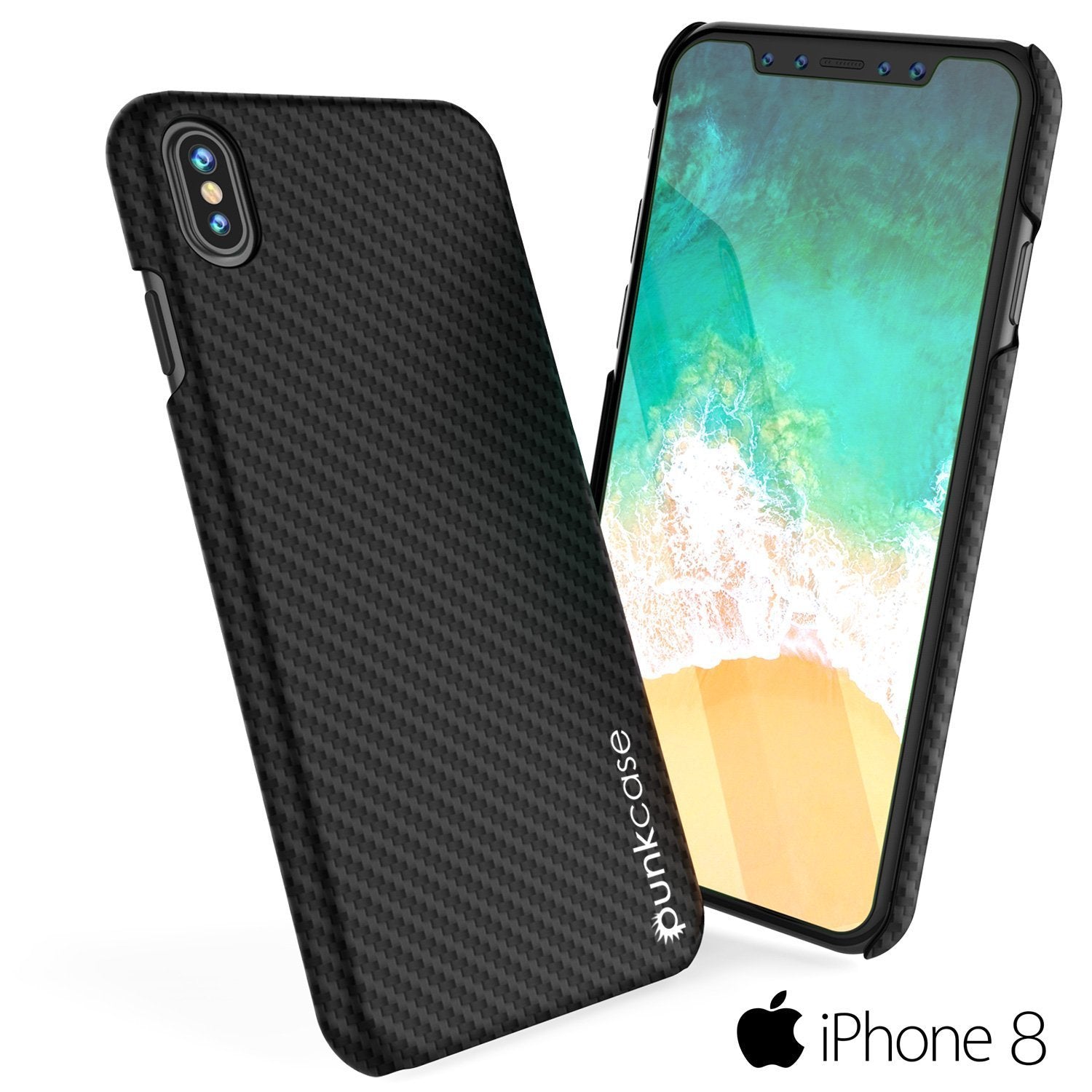 iPhone 8 Case, Punkcase CarbonShield, Heavy Duty & Ultra Thin 2 Piece Dual Layer PU Leather Cover with PUNKSHIELD Screen Protector [Black]
