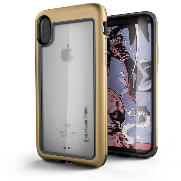 iPhone X Case, Ghostek Atomic Slim Fit Strong Aluminum Bumper + Soft TPU Shell | Rubber Corners & Bezel | Face ID Compatible | Supports Qi Wireless Charging | Gold