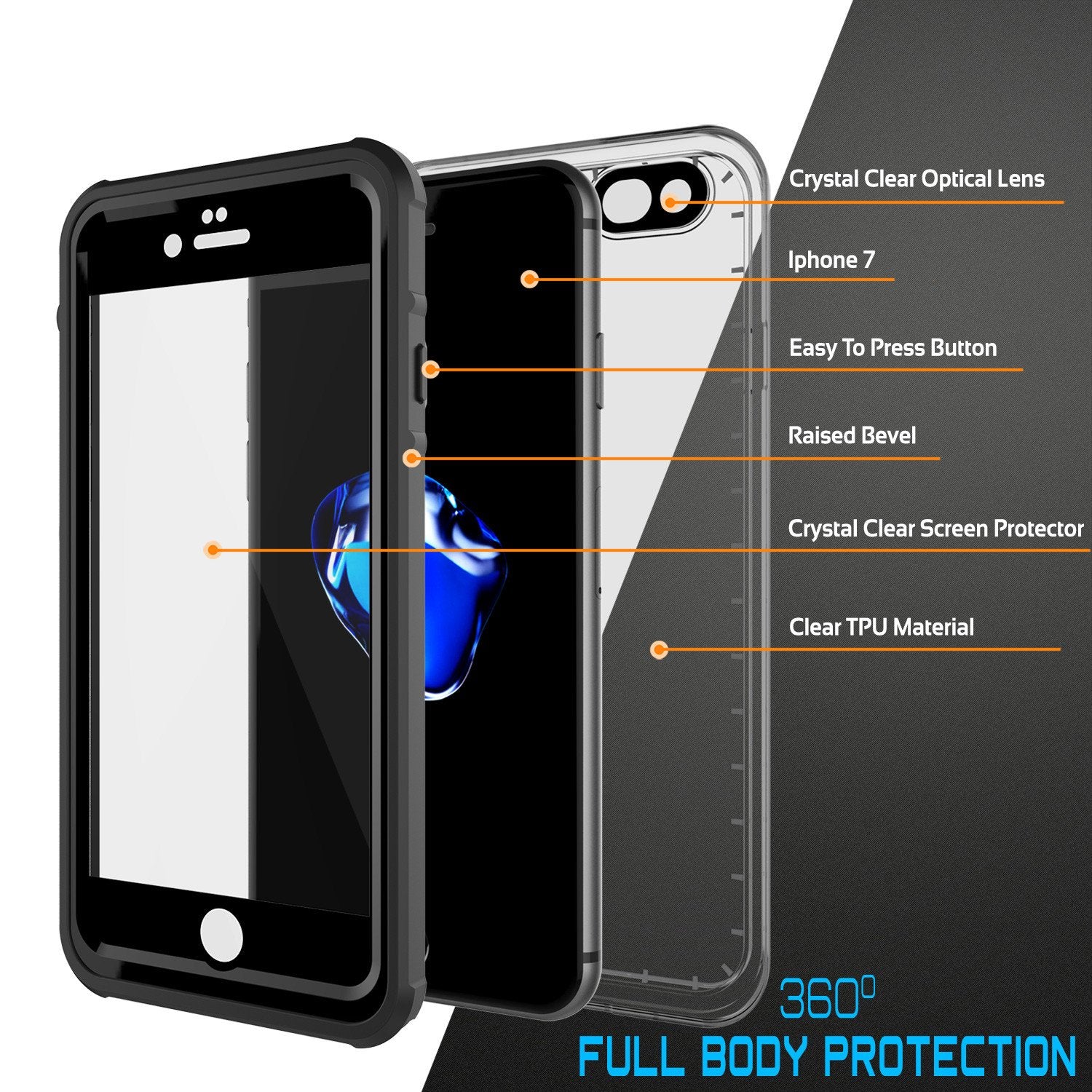 iPhone 8 Waterproof Case, PUNKCase [CRYSTAL SERIES] W/ Attached Screen Protector [BLACK]