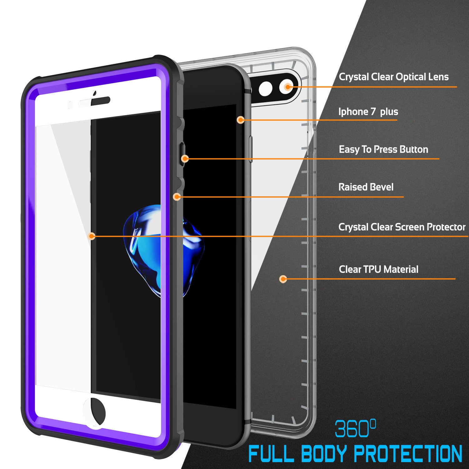 iPhone 7+ Plus Waterproof Case, PUNKcase CRYSTAL Purple W/ Attached Screen Protector | Warranty