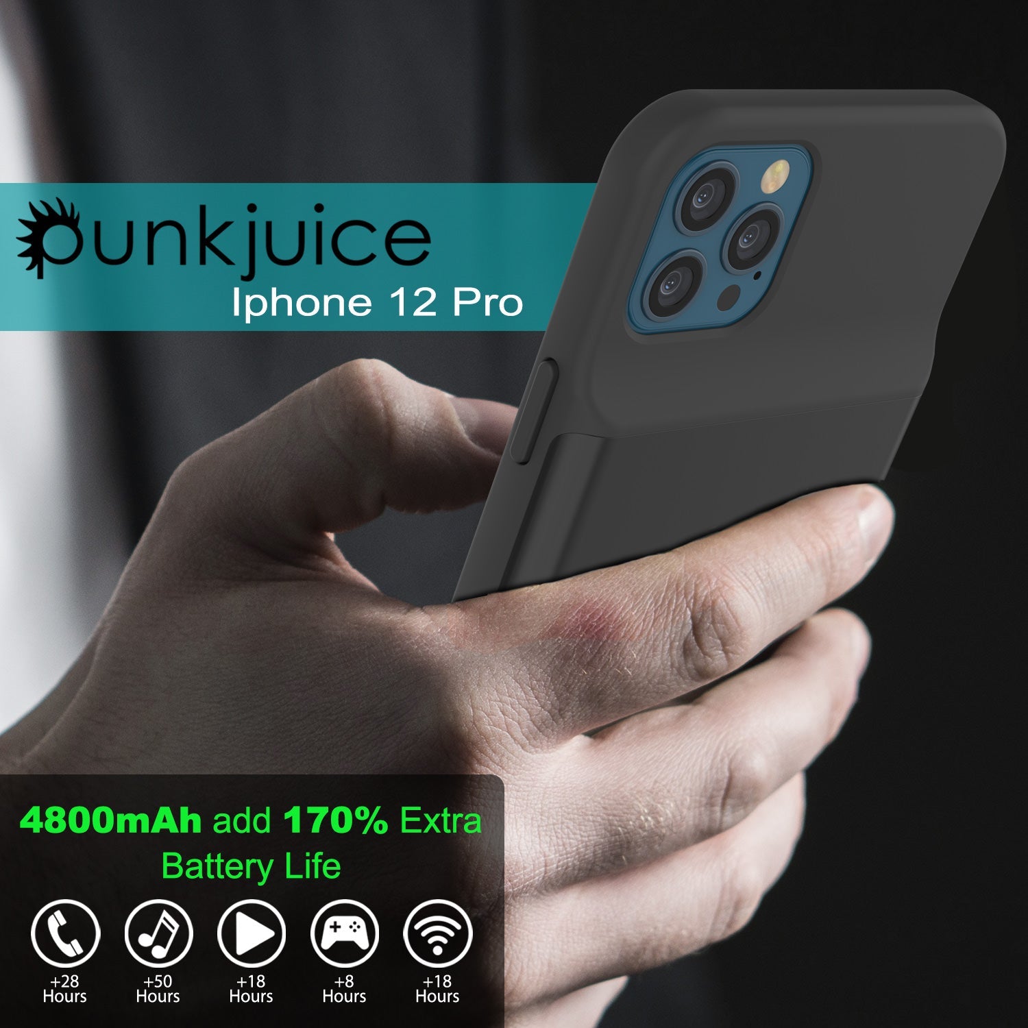 iPhone 12 Pro Battery Case, PunkJuice 4800mAH Fast Charging Power Bank W/ Screen Protector | [Black]