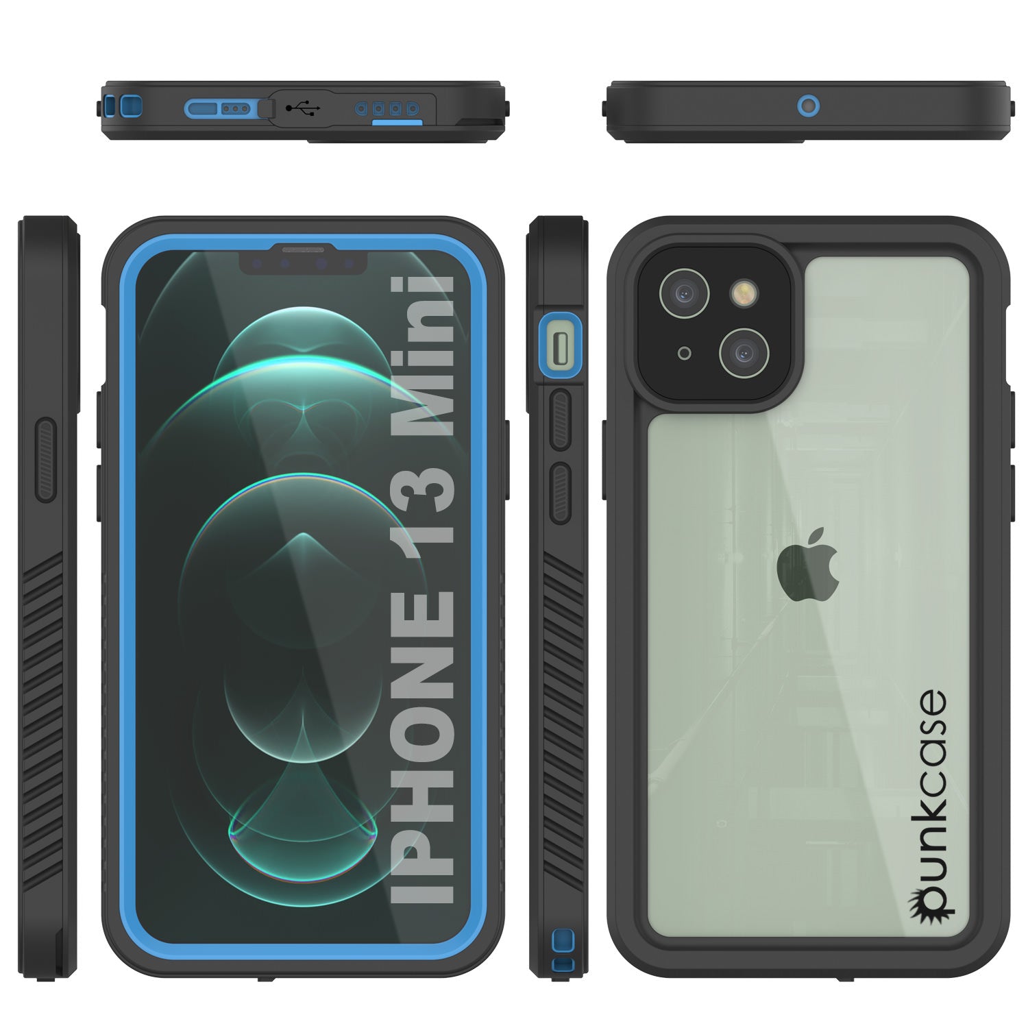 iPhone 13 Mini  Waterproof Case, Punkcase [Extreme Series] Armor Cover W/ Built In Screen Protector [Light Blue]