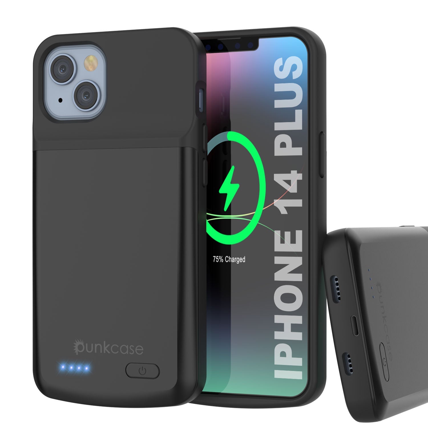 iPhone 14 Plus Battery Case, PunkJuice 4800mAH Fast Charging Power Bank W/ Screen Protector | [Black]
