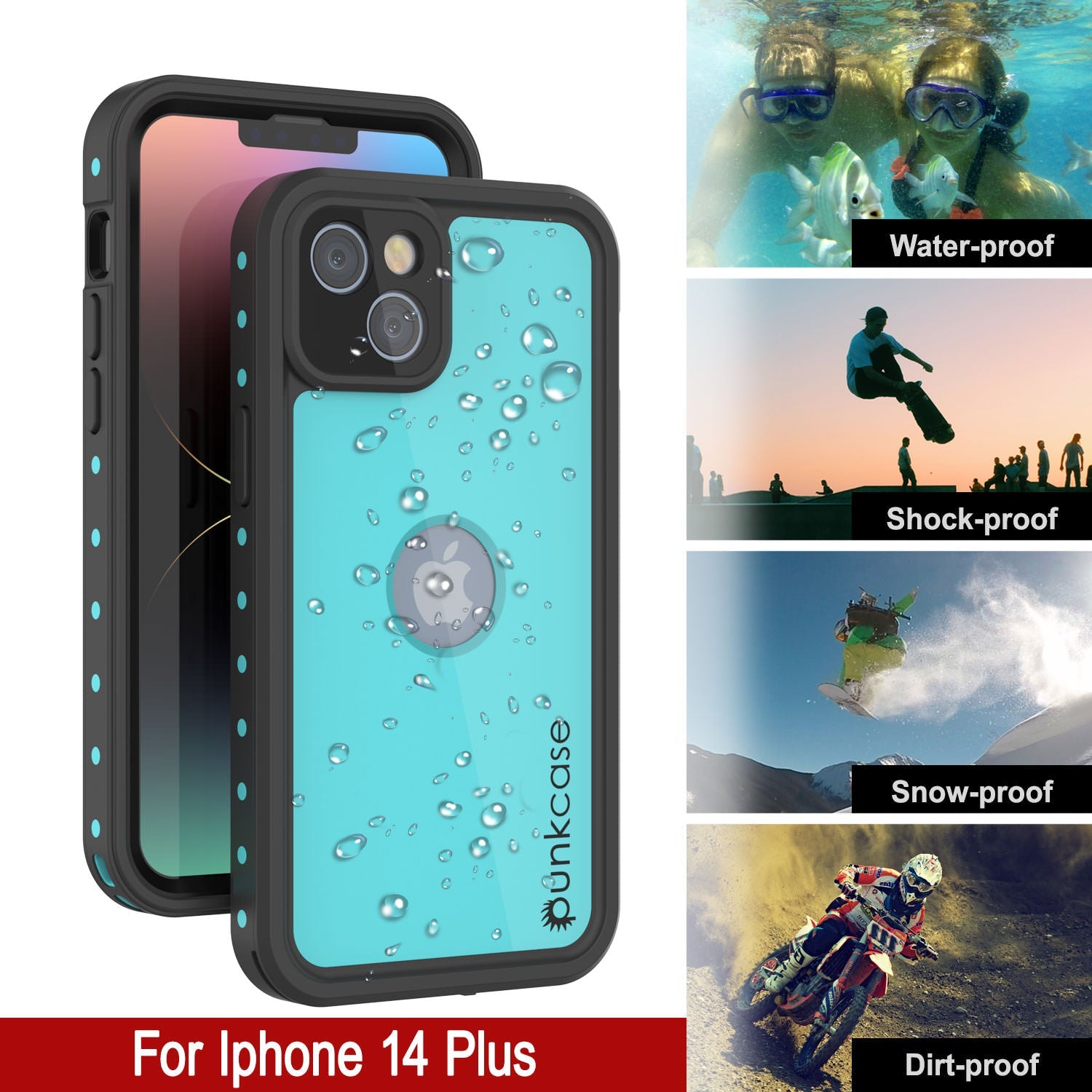 iPhone 14 Plus Waterproof IP68 Case, Punkcase [Teal] [StudStar Series] [Slim Fit]