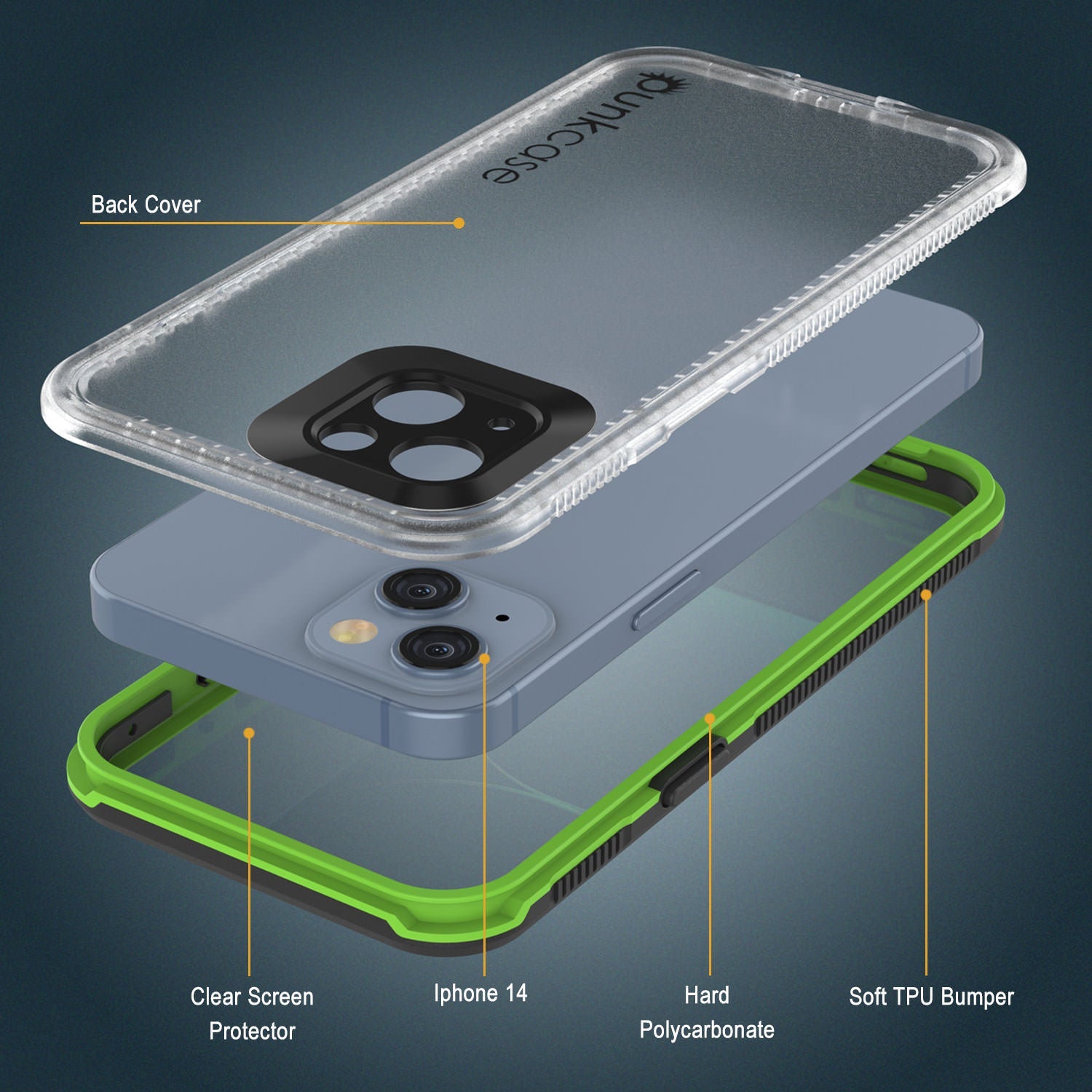Punkcase iPhone 14 Waterproof Case [Aqua Series] Armor Cover [Clear Black] [Clear Back]