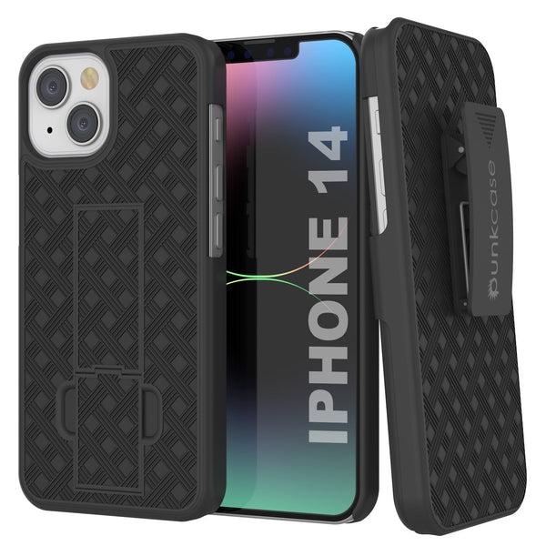 iPhone 15 Case With Tempered Glass Screen Protector, Holster Belt Clip & Built-In Kickstand [Black]