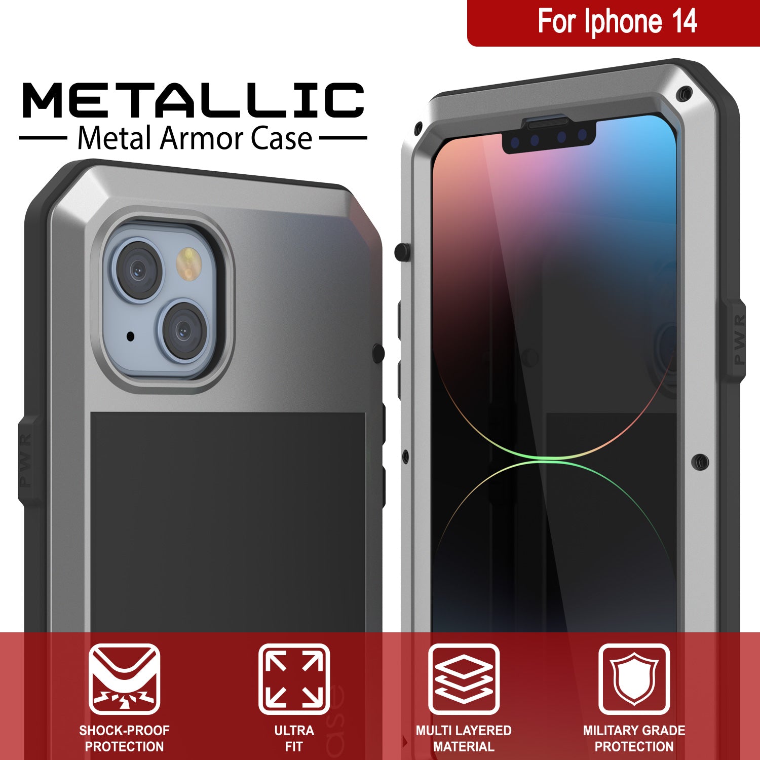 iPhone 14 Metal Case, Heavy Duty Military Grade Armor Cover [shock proof] Full Body Hard [Silver]