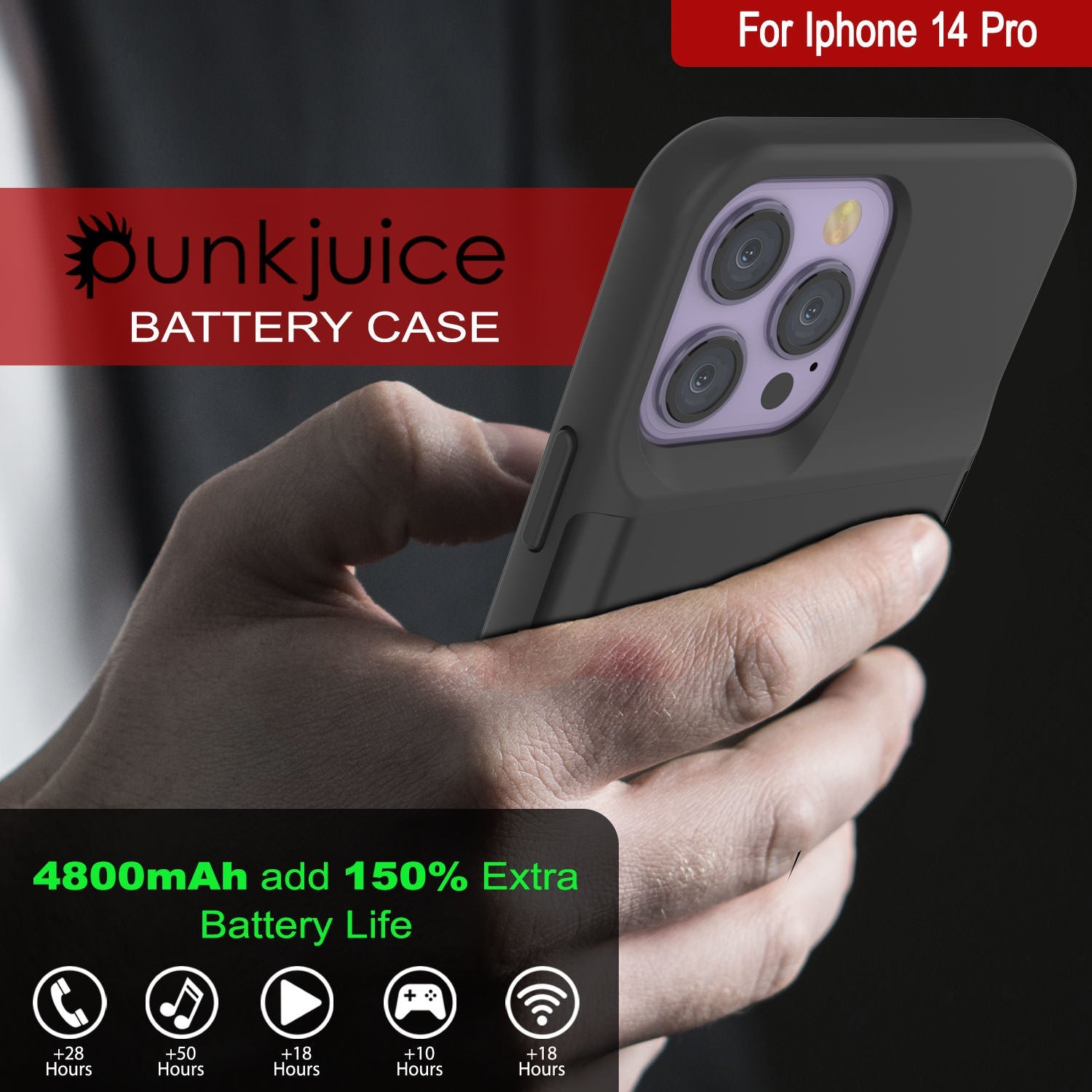 iPhone 14 Pro Battery Case, PunkJuice 4800mAH Fast Charging Power Bank W/ Screen Protector | [Black]