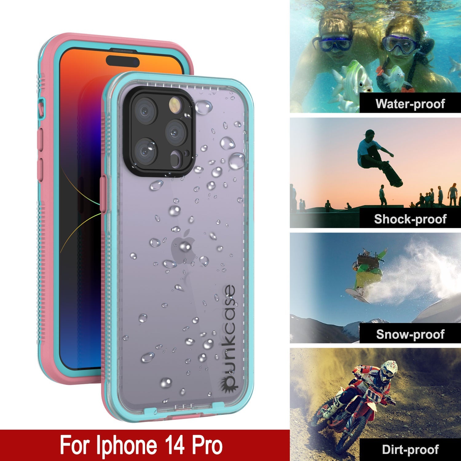 Punkcase iPhone 14 Pro Waterproof Case [Aqua Series] Armor Cover [Clear Pink] [Clear Back]