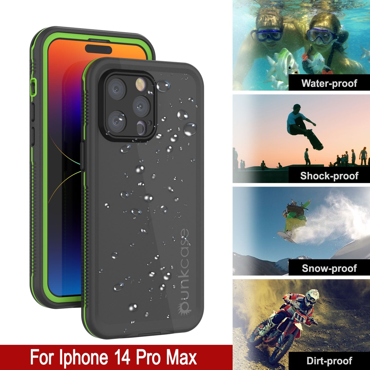 Punkcase iPhone 14 Pro Max Waterproof Case [Aqua Series] Armor Cover [Black-Green]