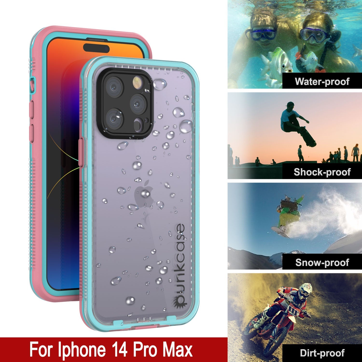 Punkcase iPhone 14 Pro Max Waterproof Case [Aqua Series] Armor Cover [Clear Pink] [Clear Back]