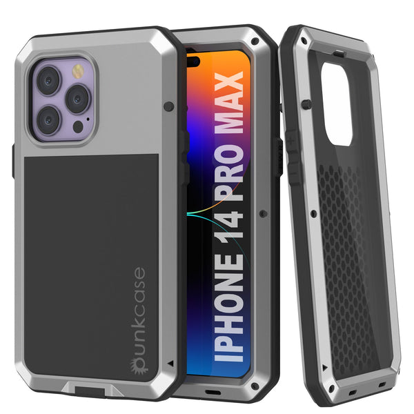 iPhone 14 Pro Max Metal Case, Heavy Duty Military Grade Armor Cover [shock proof] Full Body Hard [Silver]