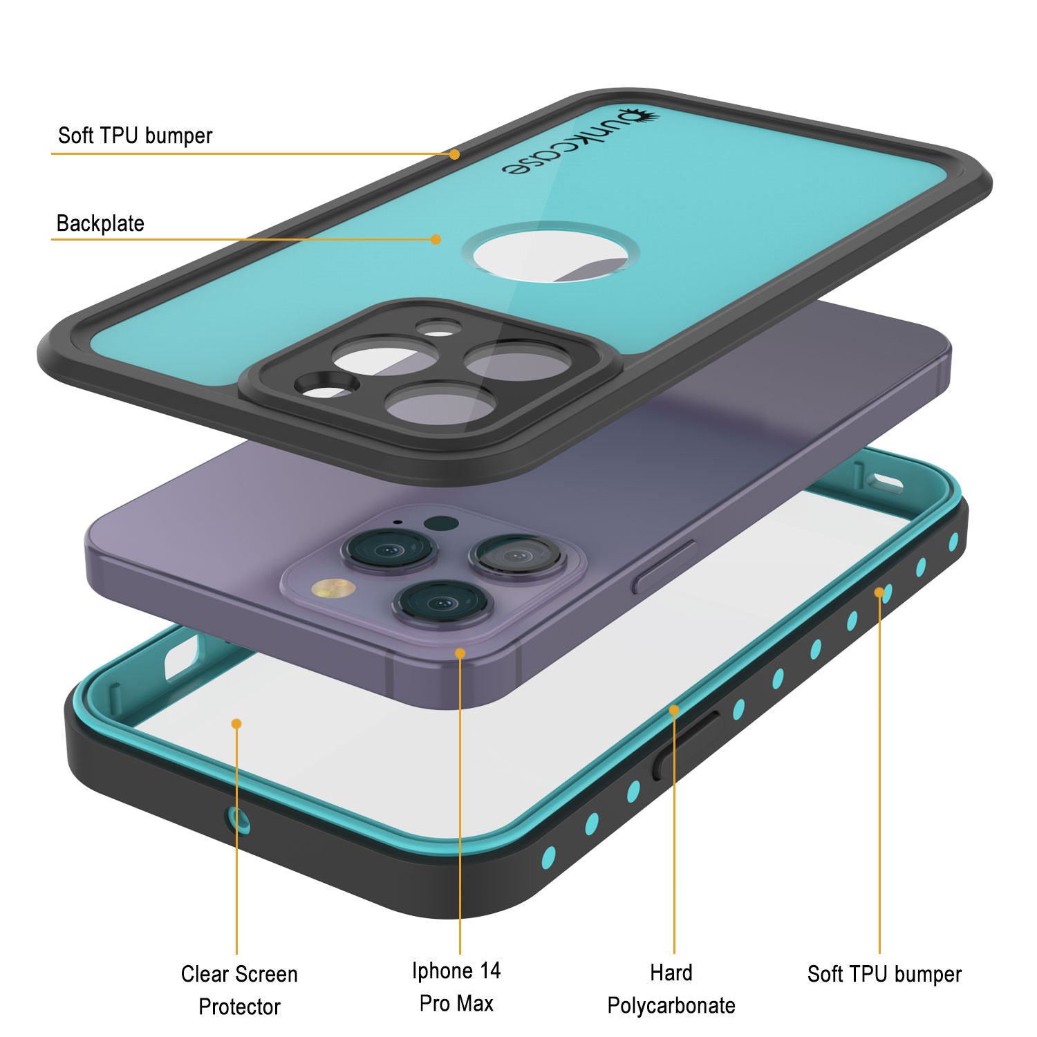 iPhone 14 Pro Max Waterproof IP68 Case, Punkcase [Teal] [StudStar Series] [Slim Fit]
