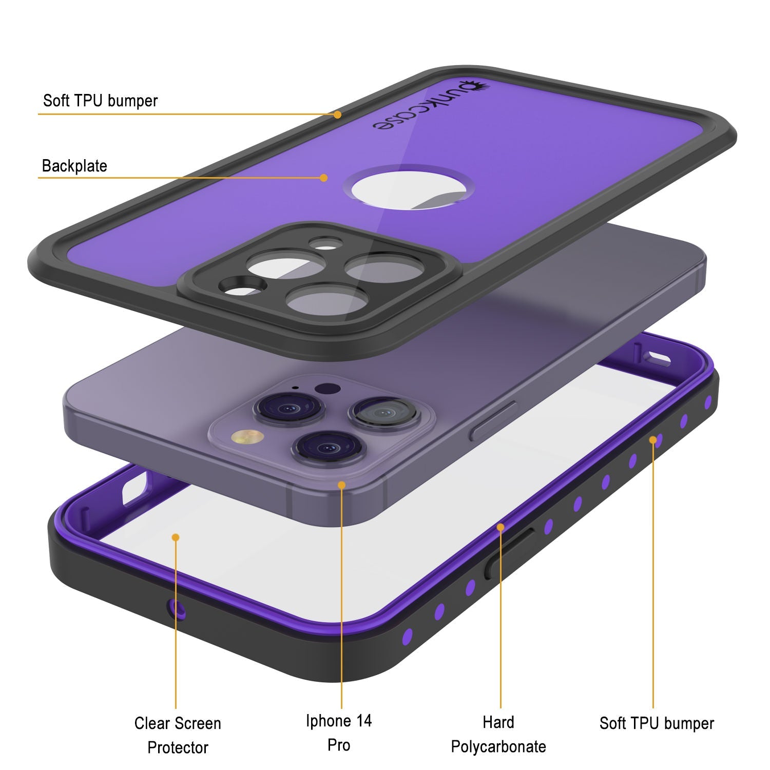 iPhone 14 Pro Waterproof IP68 Case, Punkcase [Purple] [StudStar Series] [Slim Fit] [Dirtproof]