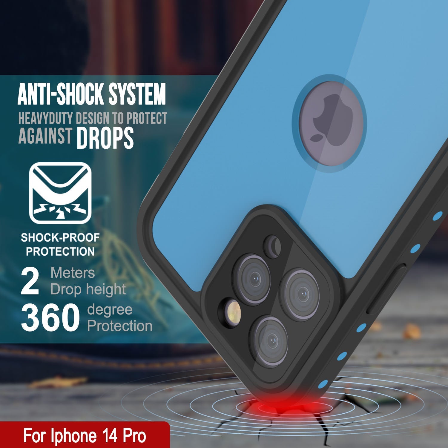iPhone 14 Pro Waterproof IP68 Case, Punkcase [Light blue] [StudStar Series] [Slim Fit] [Dirtproof]