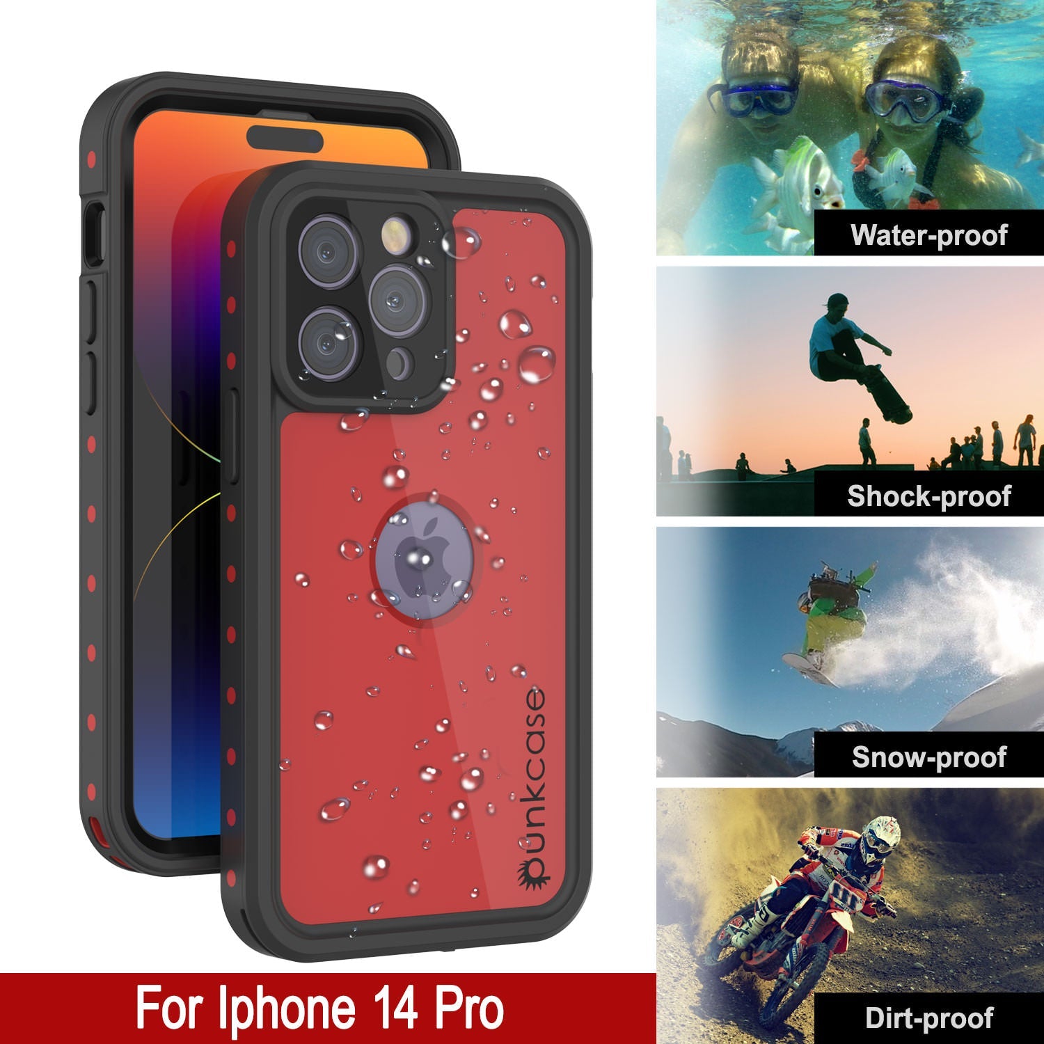 iPhone 14 Pro Waterproof IP68 Case, Punkcase [Red] [StudStar Series] [Slim Fit]