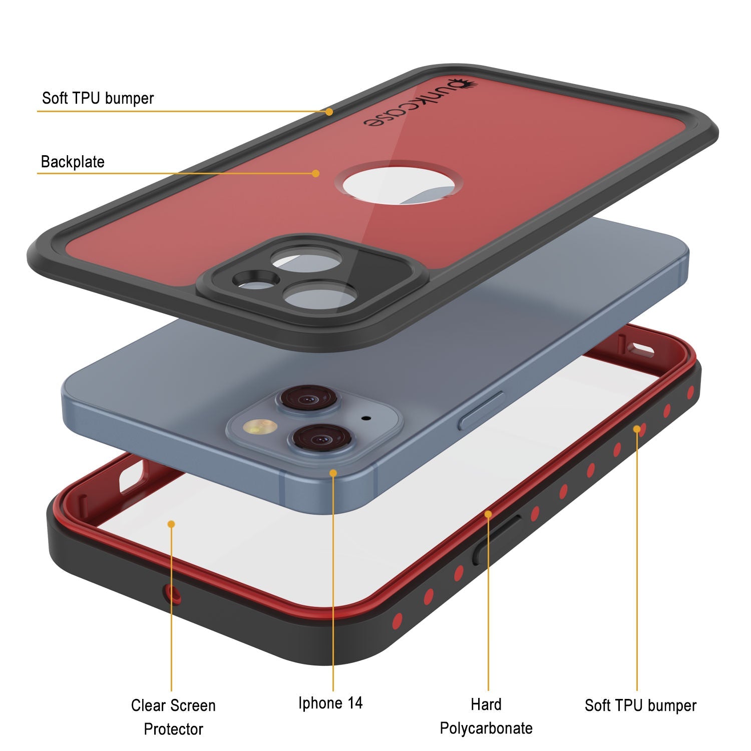 iPhone 14 Waterproof IP68 Case, Punkcase [Red] [StudStar Series] [Slim Fit]