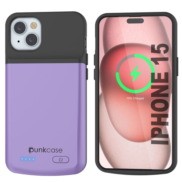 iPhone 15 Battery Case, PunkJuice 5000mAH Fast Charging Power Bank W/ Screen Protector | [Purple]
