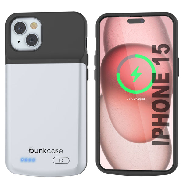 iPhone 15 Battery Case, PunkJuice 5000mAH Fast Charging Power Bank W/ Screen Protector | [White]