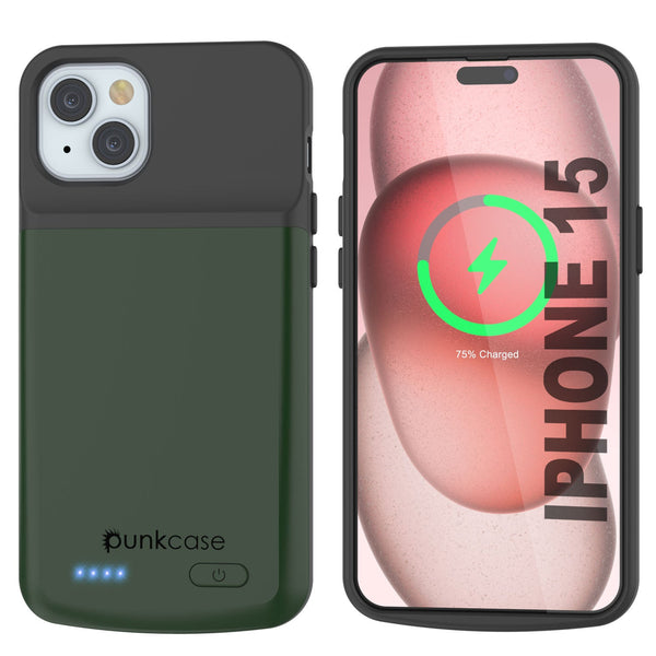 iPhone 15 Battery Case, PunkJuice 5000mAH Fast Charging Power Bank W/ Screen Protector | [Green]
