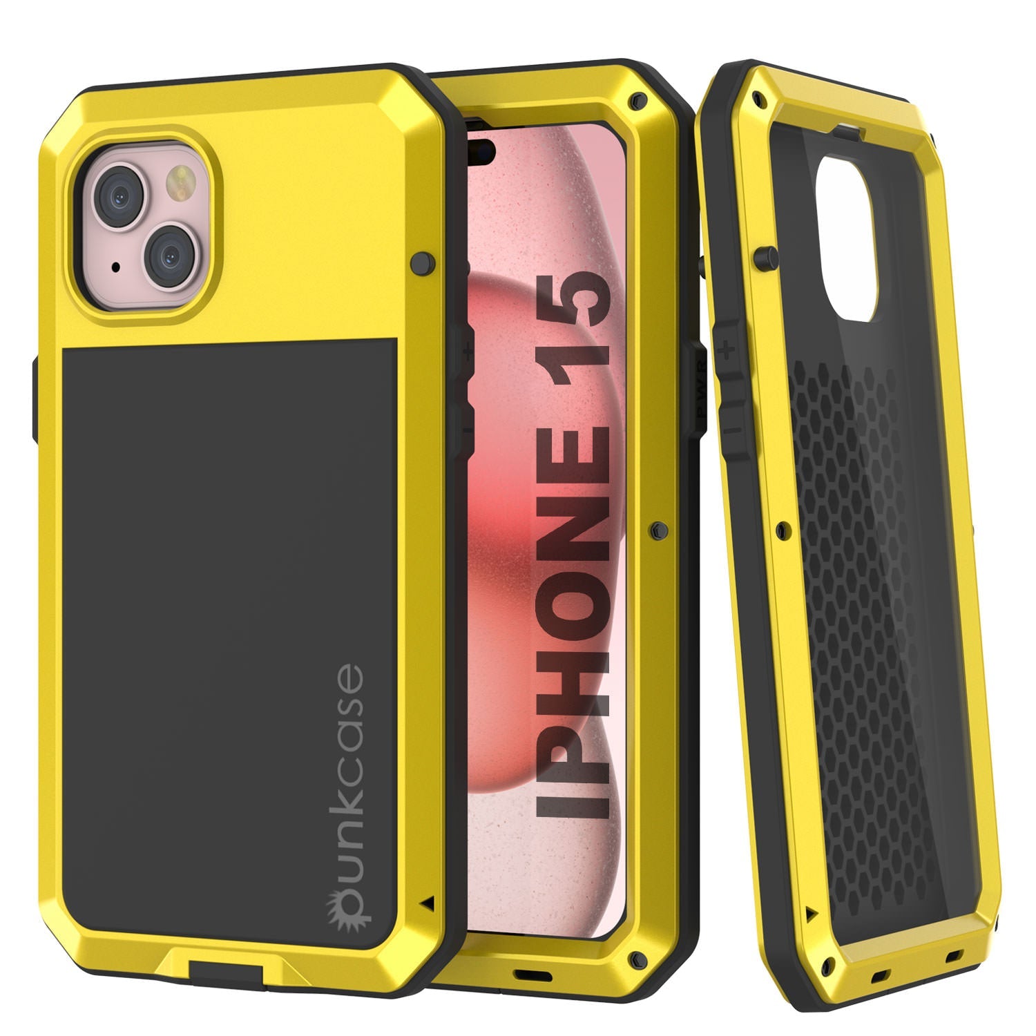 iPhone 15 Metal Case, Heavy Duty Military Grade Armor Cover [shock proof] Full Body Hard [Yellow]