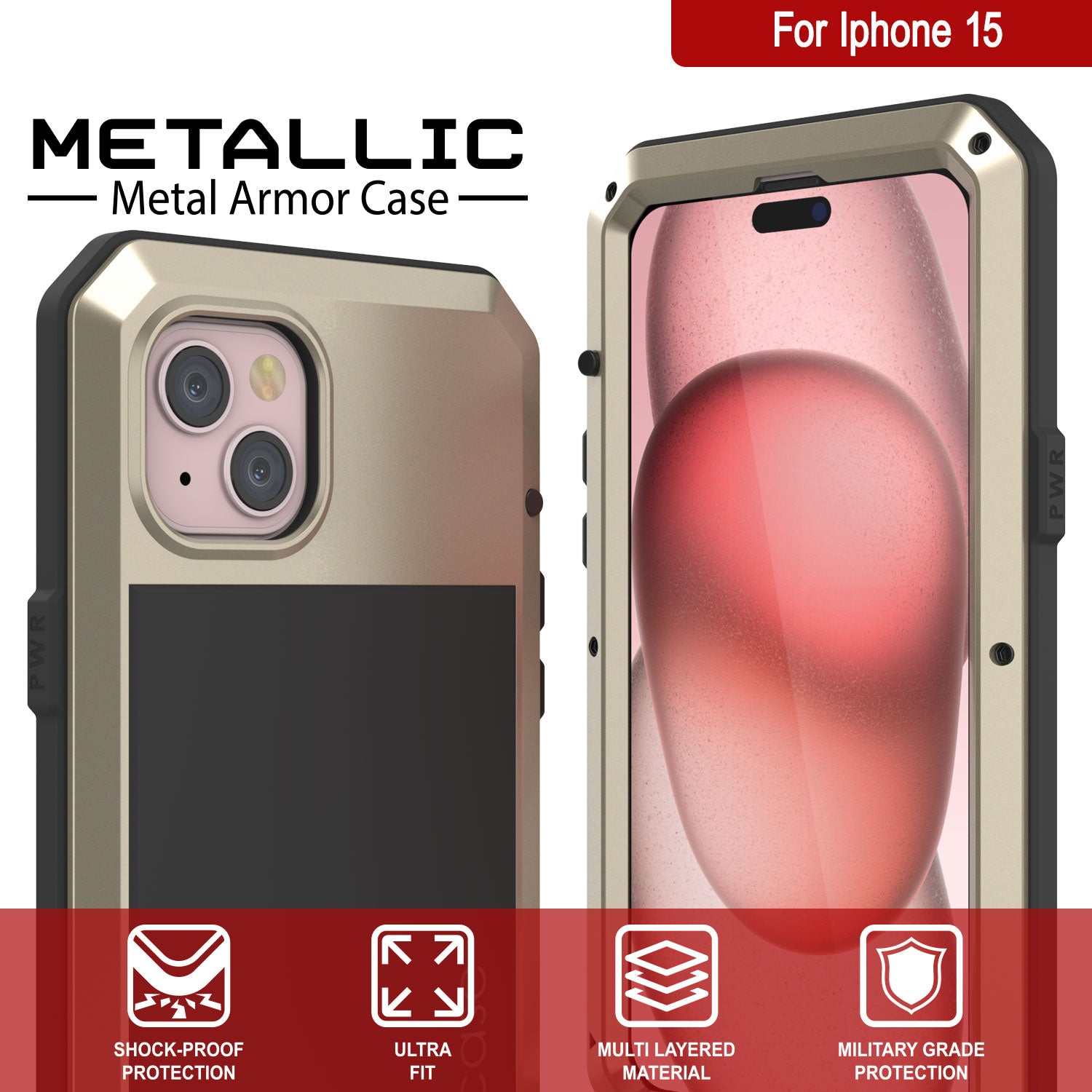 iPhone 15 Metal Case, Heavy Duty Military Grade Armor Cover [shock proof] Full Body Hard [Gold]