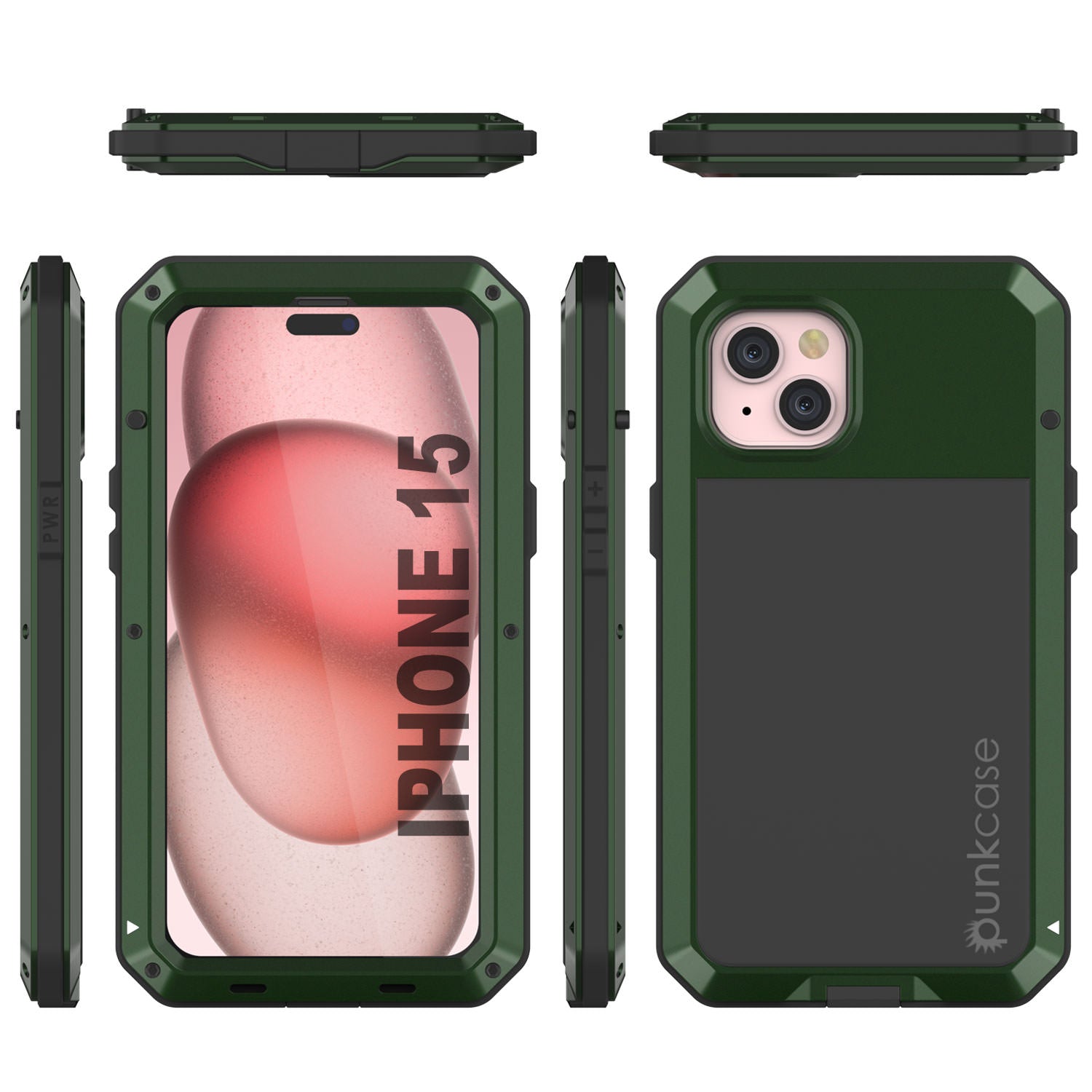iPhone 15 Metal Case, Heavy Duty Military Grade Armor Cover [shock proof] Full Body Hard [Dark Green]