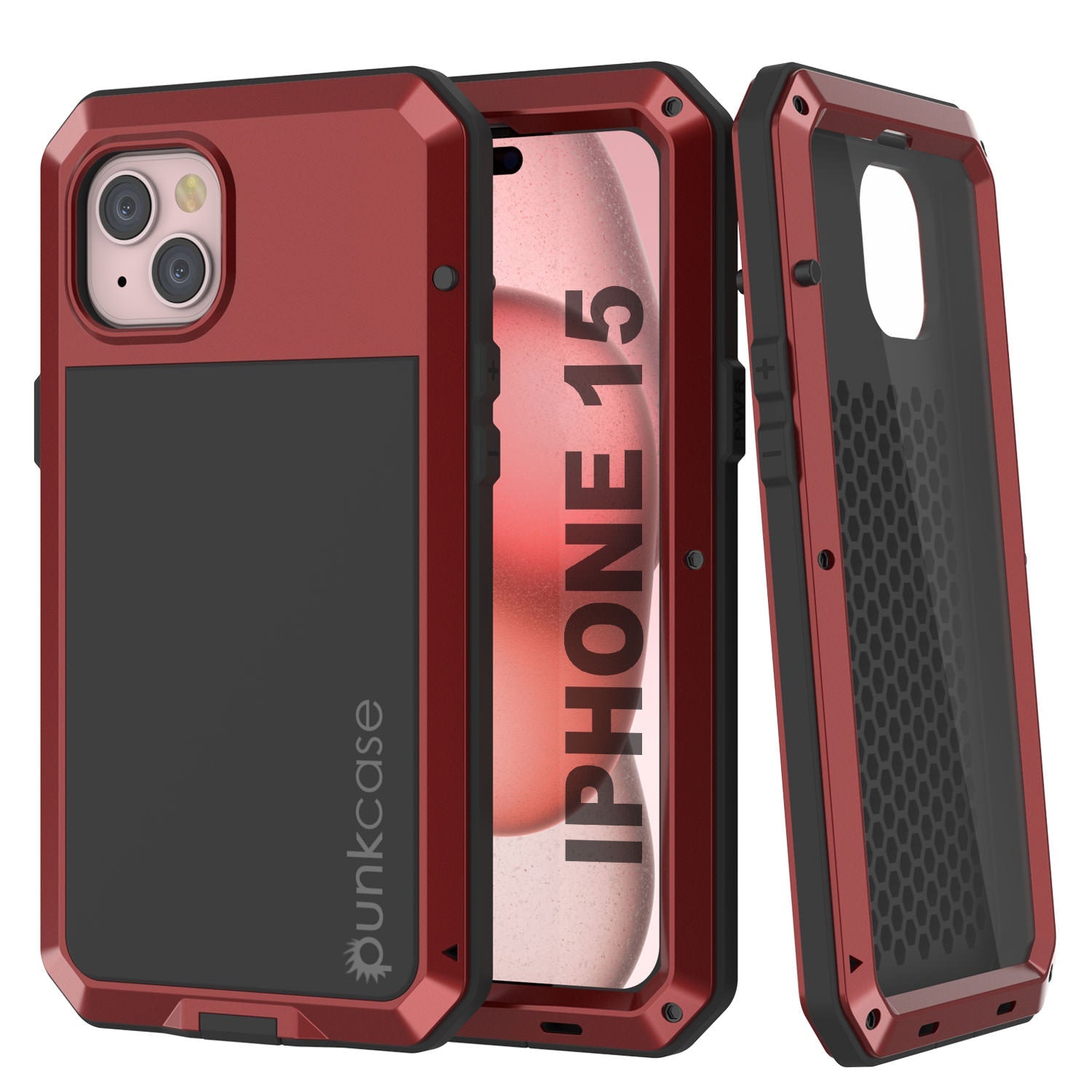 iPhone 15 Metal Case, Heavy Duty Military Grade Armor Cover [shock proof] Full Body Hard [Red]