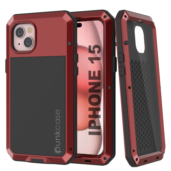 iPhone 15 Metal Case, Heavy Duty Military Grade Armor Cover [shock proof] Full Body Hard [Red]