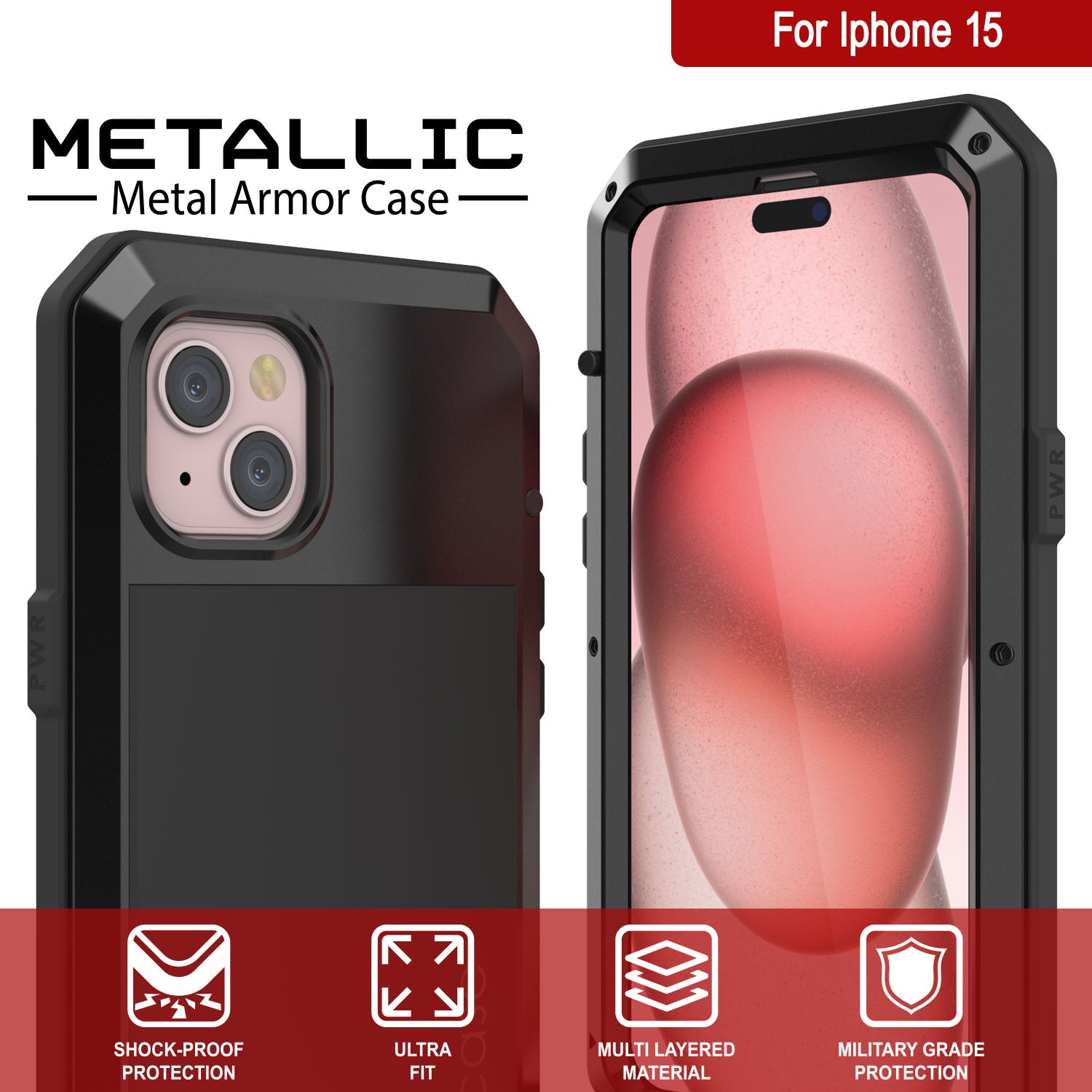 iPhone 15 Metal Case, Heavy Duty Military Grade Armor Cover [shock proof] Full Body Hard [Black]